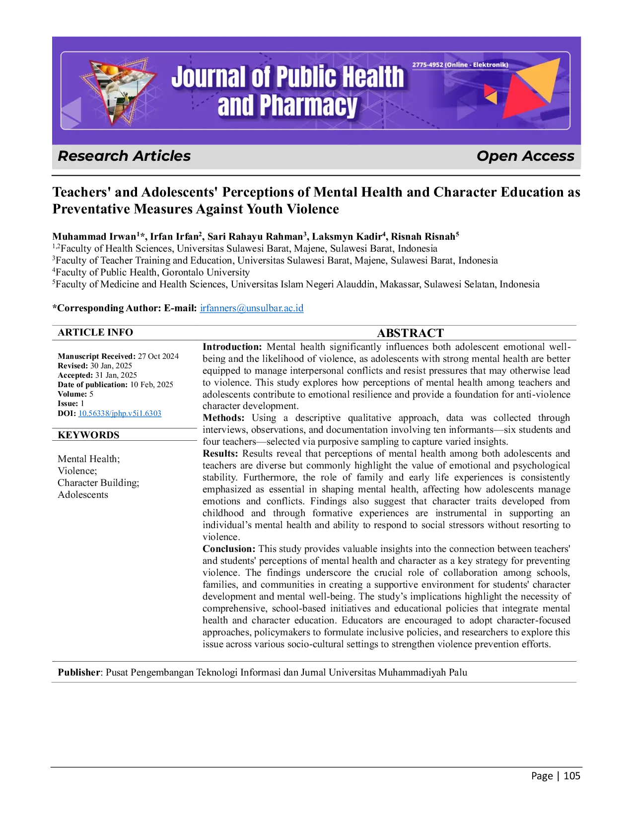 JURIS Teachers and Adolescents Perceptions of Mental Health and Character Education as Preventative Measures Against Youth Violence