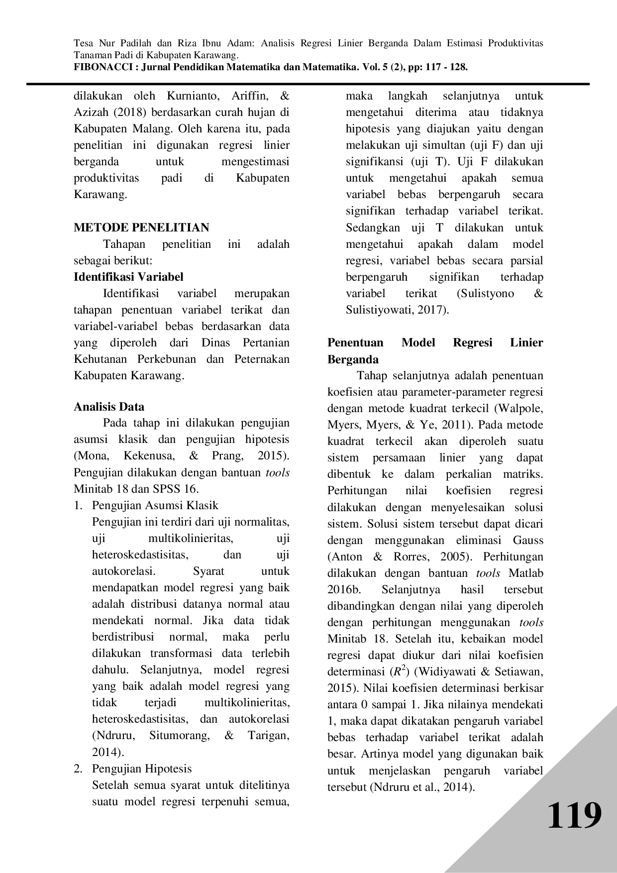 JURIS Analisis Regresi Linier Berganda Dalam Estimasi Produktivitas Tanaman Padi Di Kabupaten Karawang