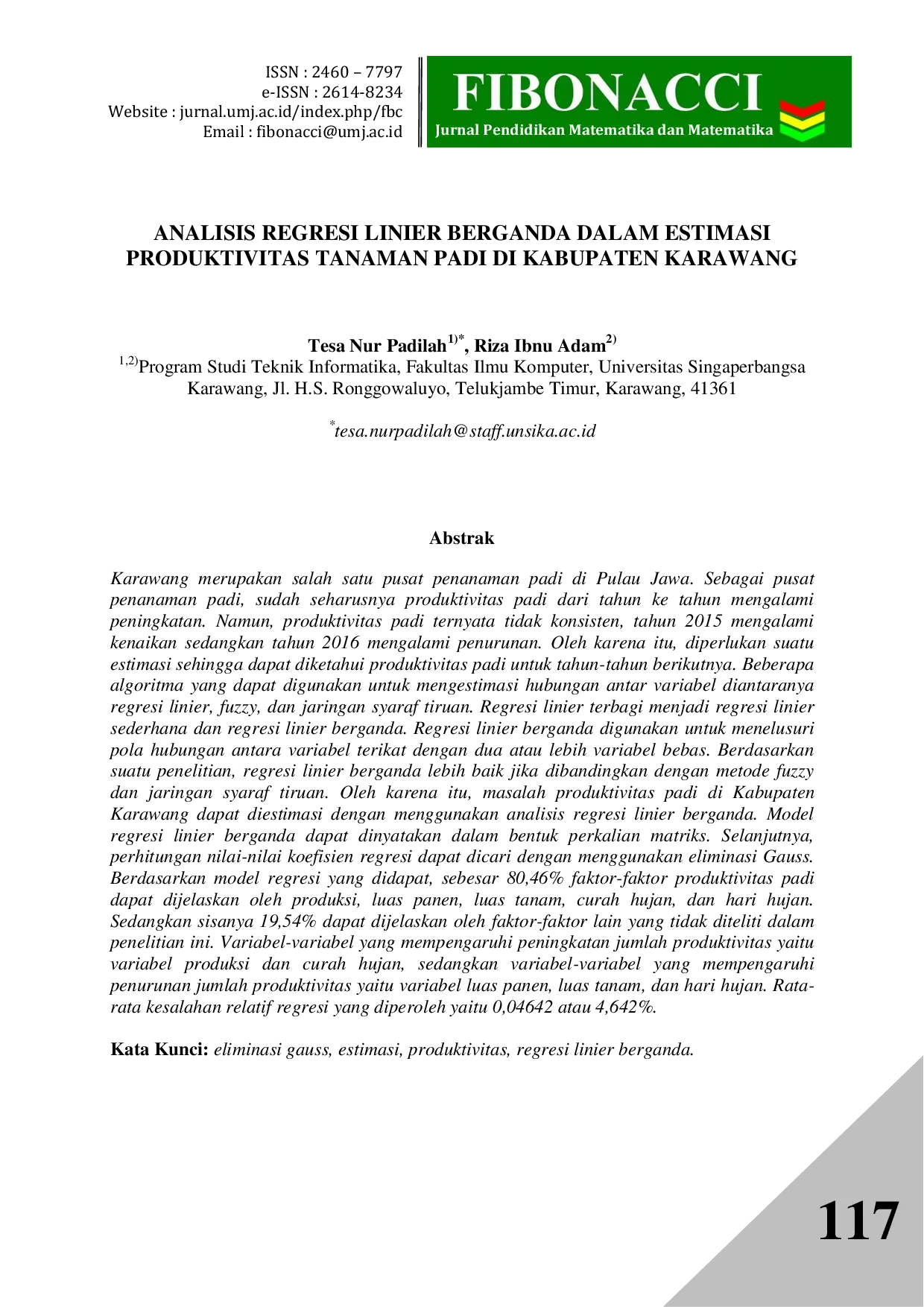 JURIS Analisis Regresi Linier Berganda Dalam Estimasi Produktivitas Tanaman Padi Di Kabupaten Karawang