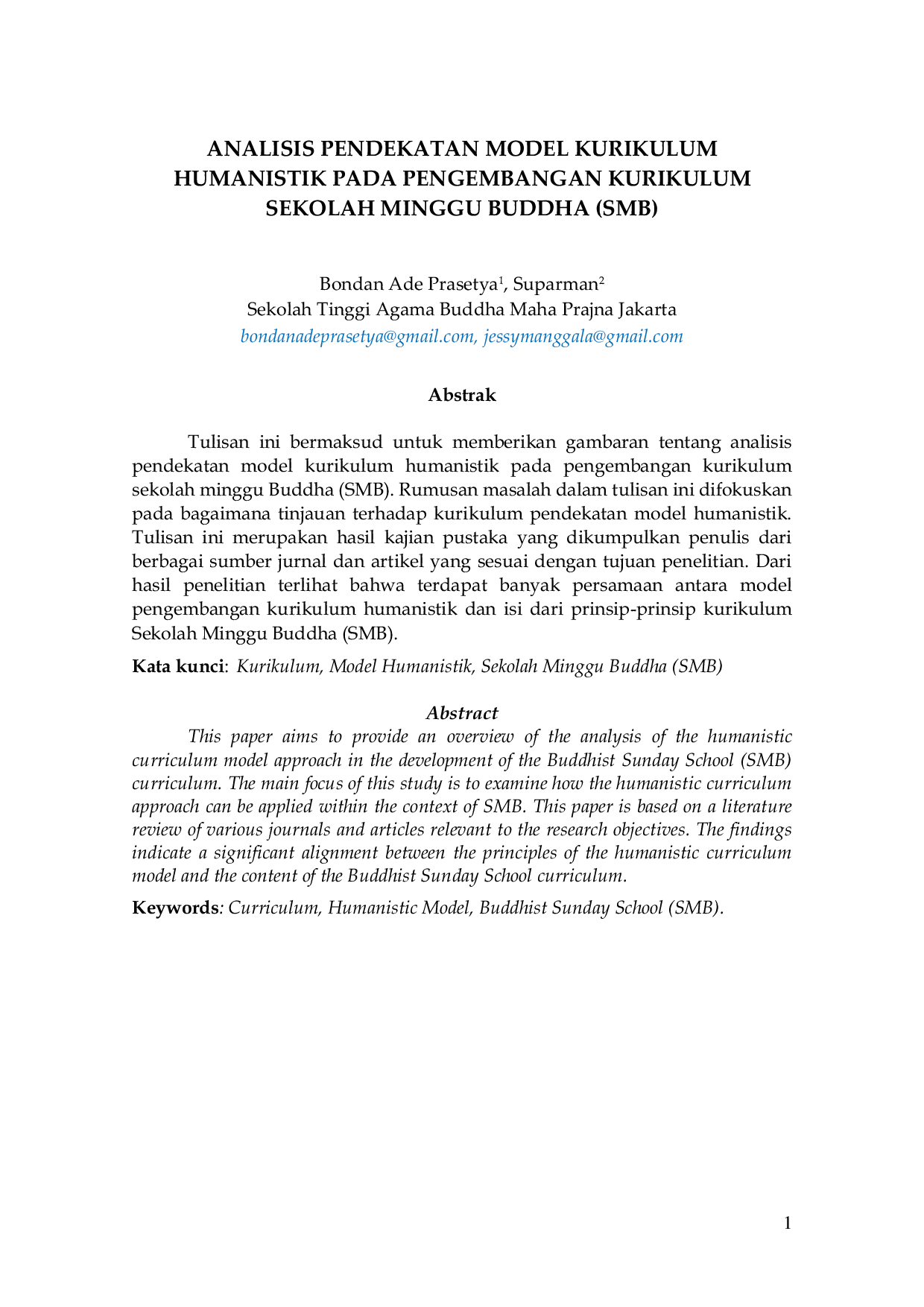 JURIS Analisis Pendekatan Model Kurikulum Humanistik Pada Pengembangan Kurikulum Sekolah Minggu Buddha SMB