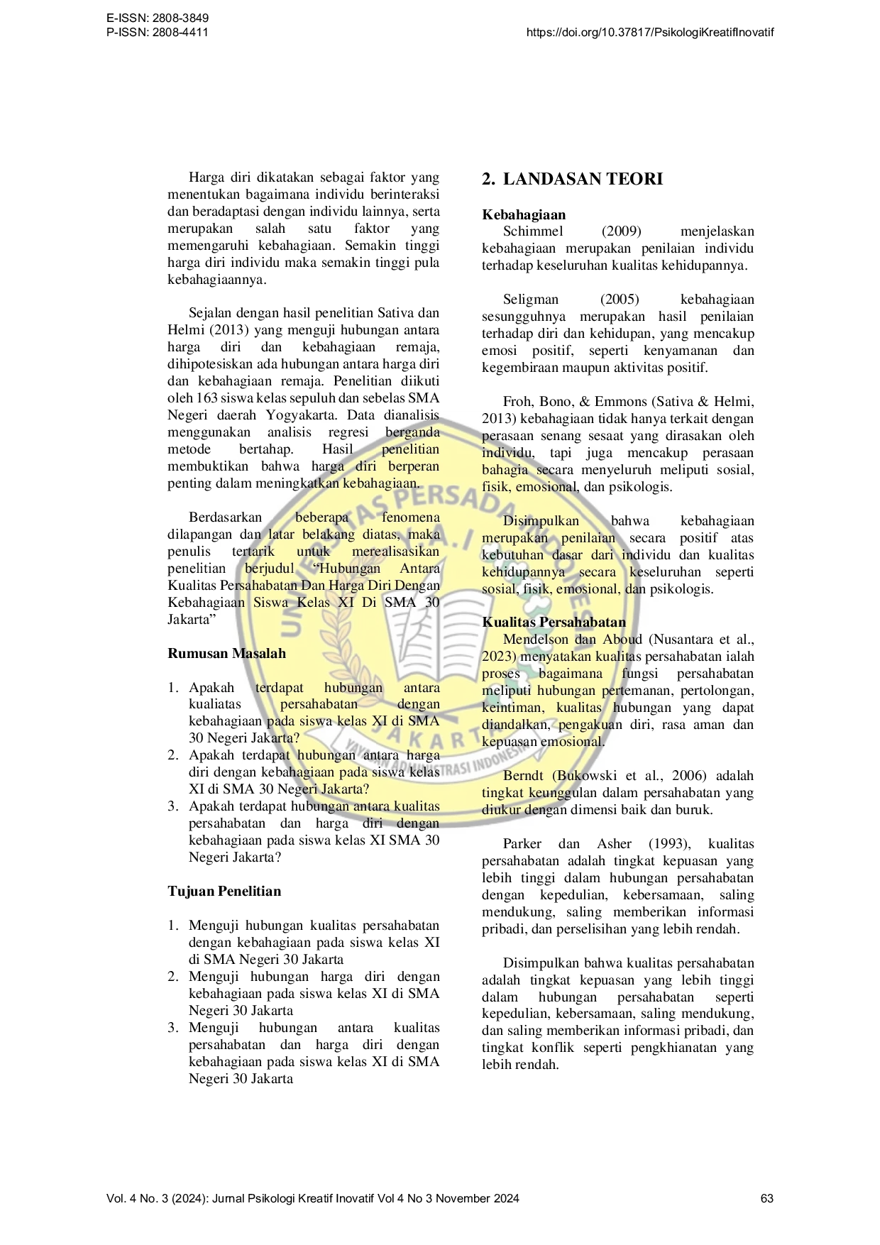 JURIS Hubungan Antara Kualitas Persahabatan Dan Harga Diri Dengan Kebahagiaan Pada Siswa Kelas Xi Di Sma Negeri 30 Jakarta