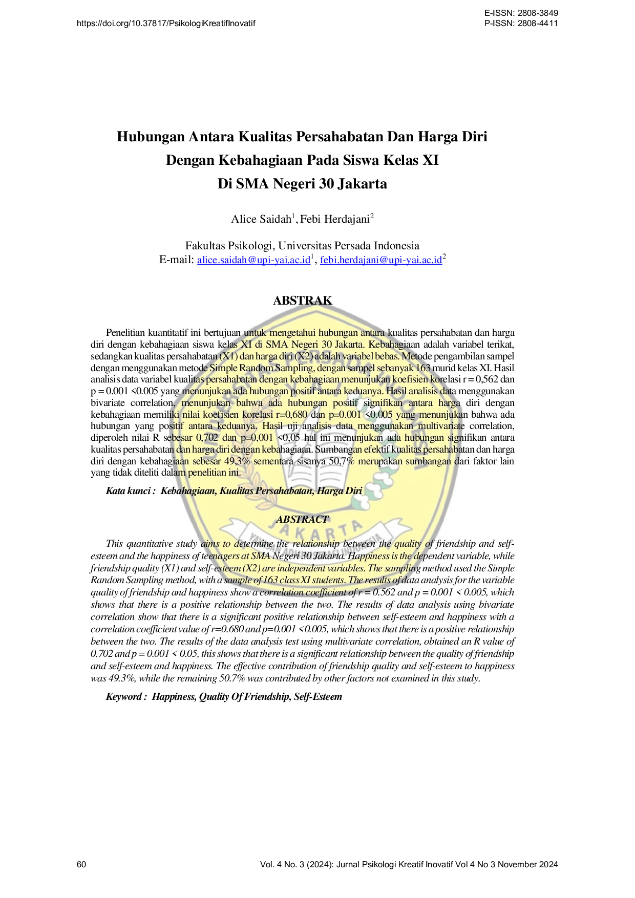 JURIS Hubungan Antara Kualitas Persahabatan Dan Harga Diri Dengan Kebahagiaan Pada Siswa Kelas Xi Di Sma Negeri 30 Jakarta