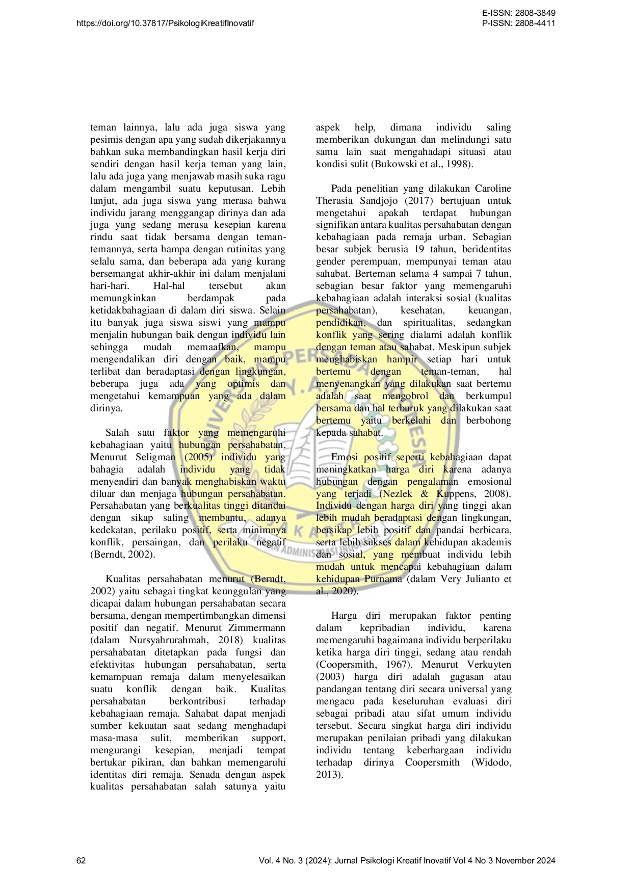 JURIS Hubungan Antara Kualitas Persahabatan Dan Harga Diri Dengan Kebahagiaan Pada Siswa Kelas Xi Di Sma Negeri 30 Jakarta