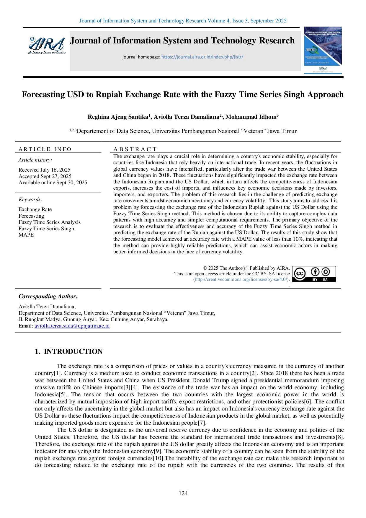 JURIS Forecasting USD to Rupiah Exchange Rate with the Fuzzy Time Series Singh Approach