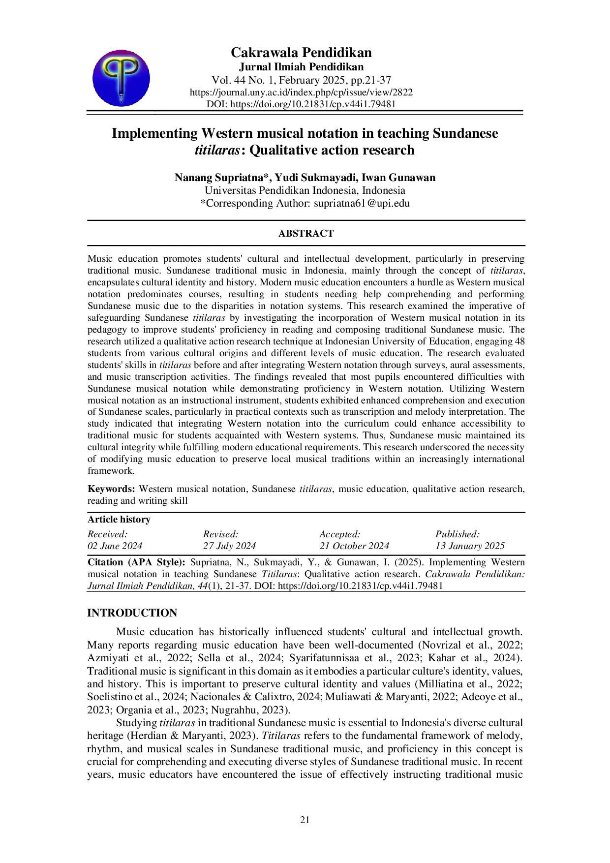juris Implementing Western musical notation in teaching Sundanese titilaras Qualitative action research
