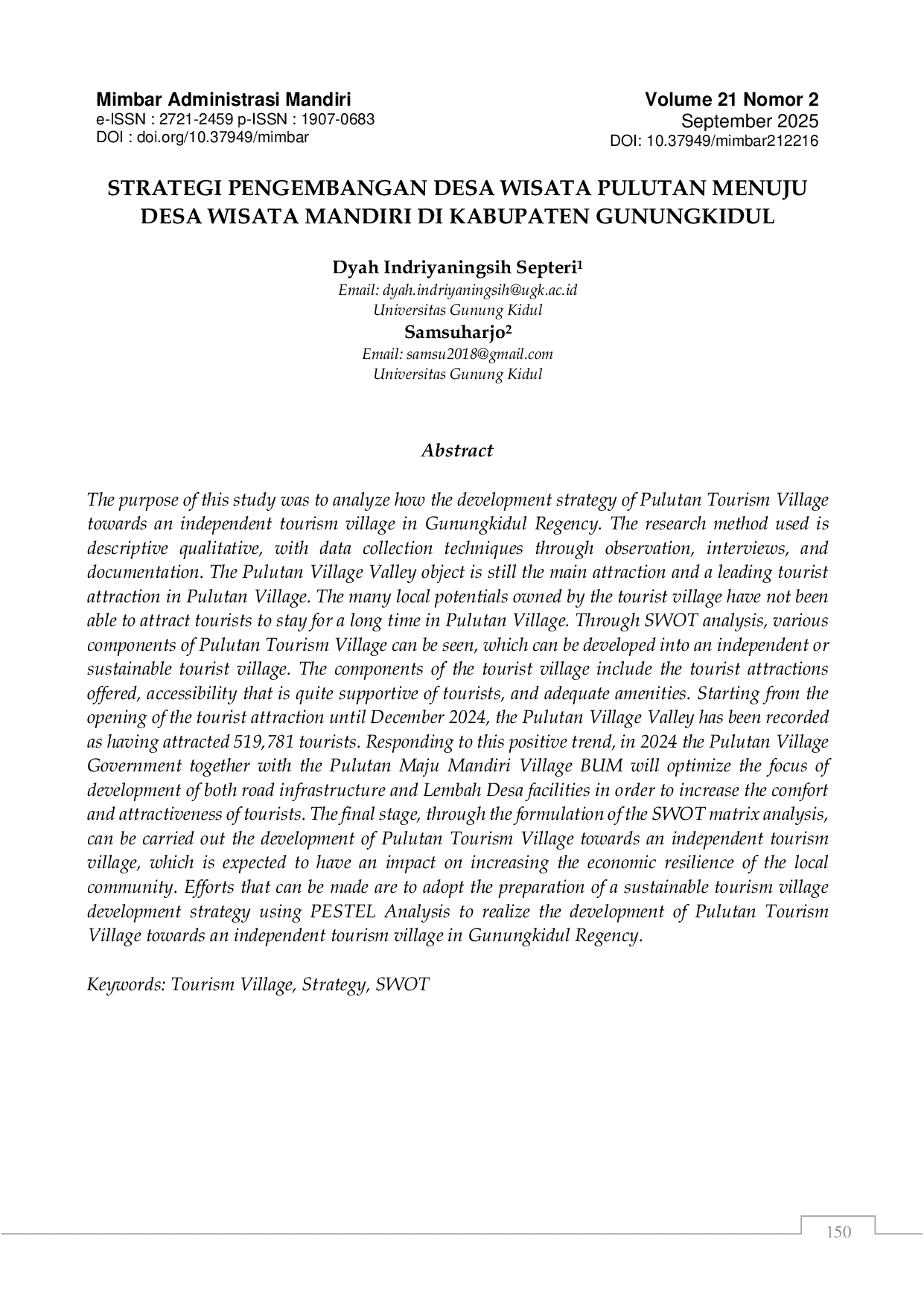 JURIS Strategi Pengembangan Desa Wisata Pulutan Menuju Desa Wisata Mandiri di Kabupaten Gunungkidul