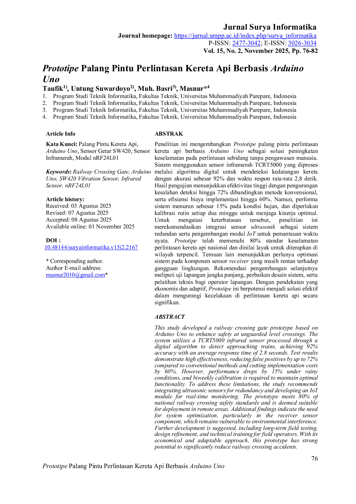 JURIS Prototipe Palang Pintu Perlintasan Kereta Api Berbasis Arduino Uno