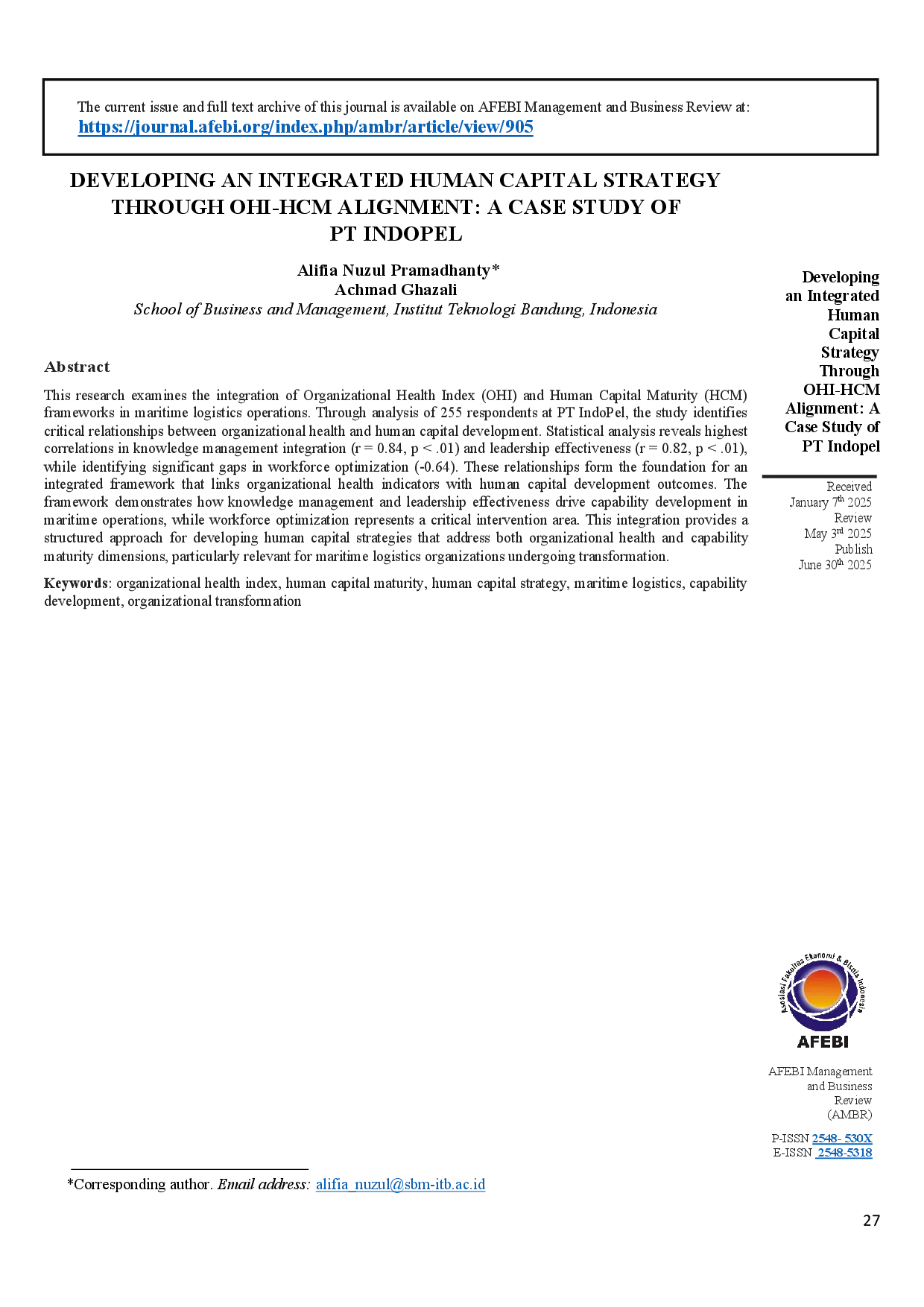 juris Developing an Integrated Human Capital Strategy Through OHI HCM Alignment a Case Study of PT Indopel