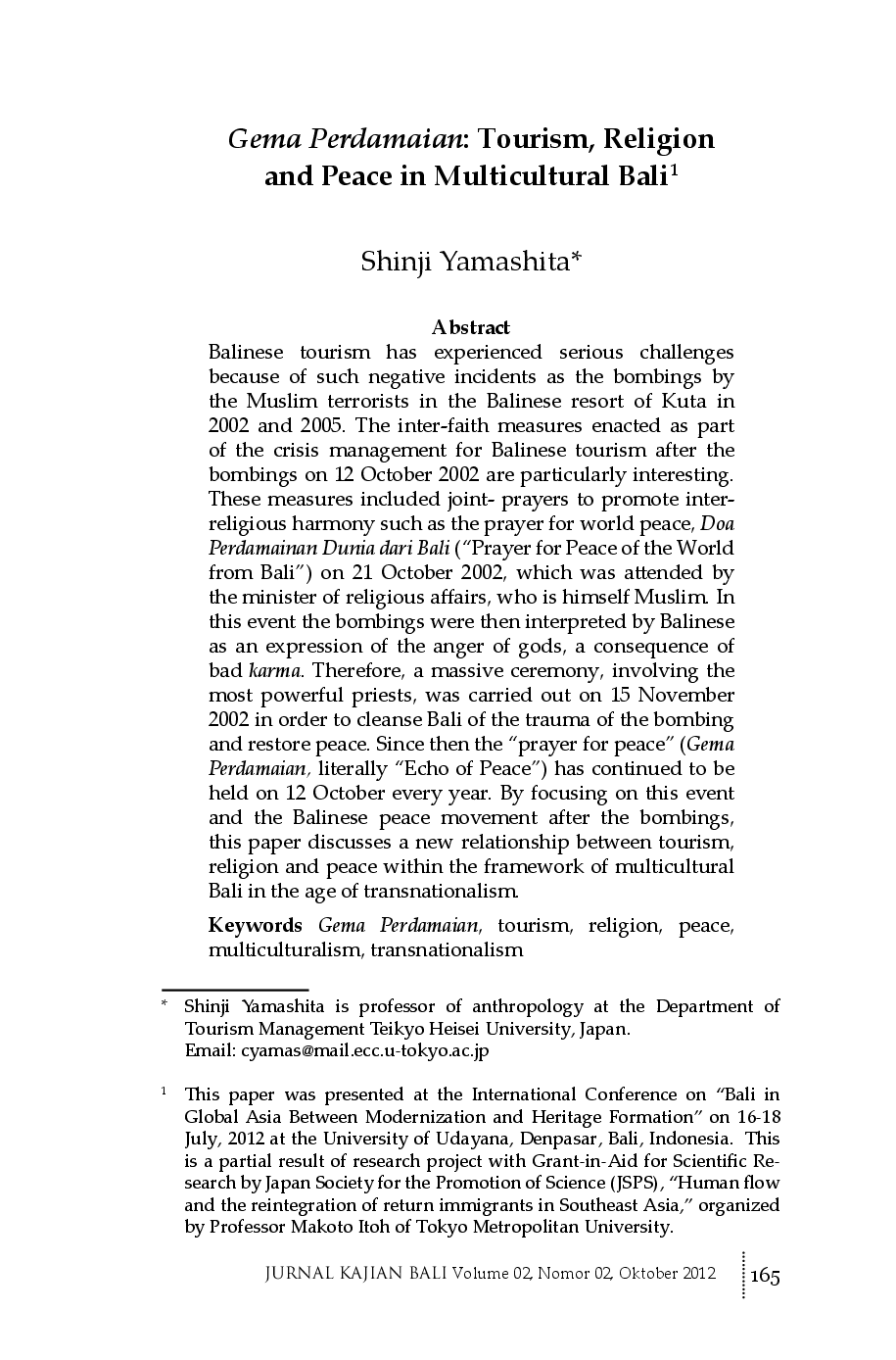 juris Gema Perdamaian Tourism Religion and Peace in Multicultural Bali