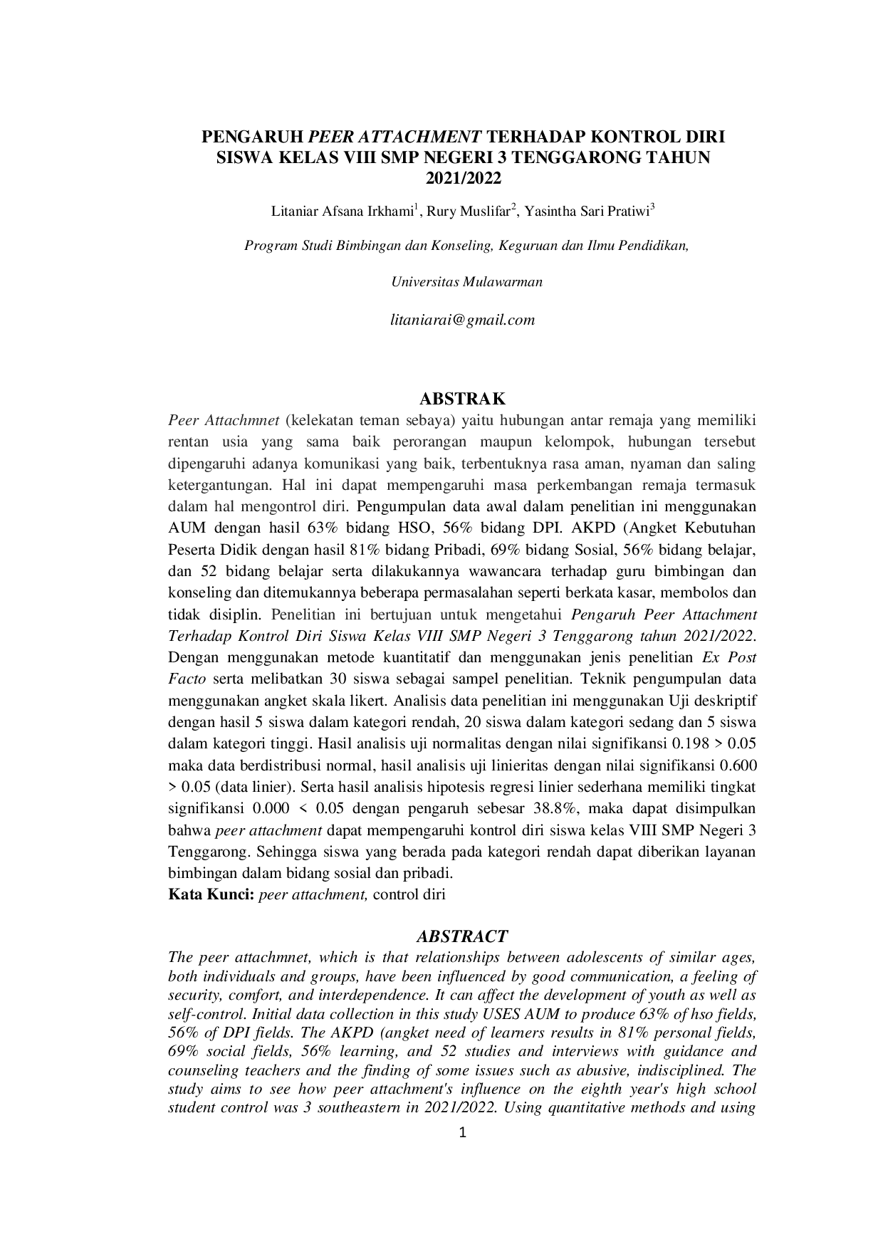JURIS Pengaruh Peer Attachment Terhadap Kontrol Diri Siswa Kelas VIII SMP Negeri 3 Tenggarong Tahun 2021 2022