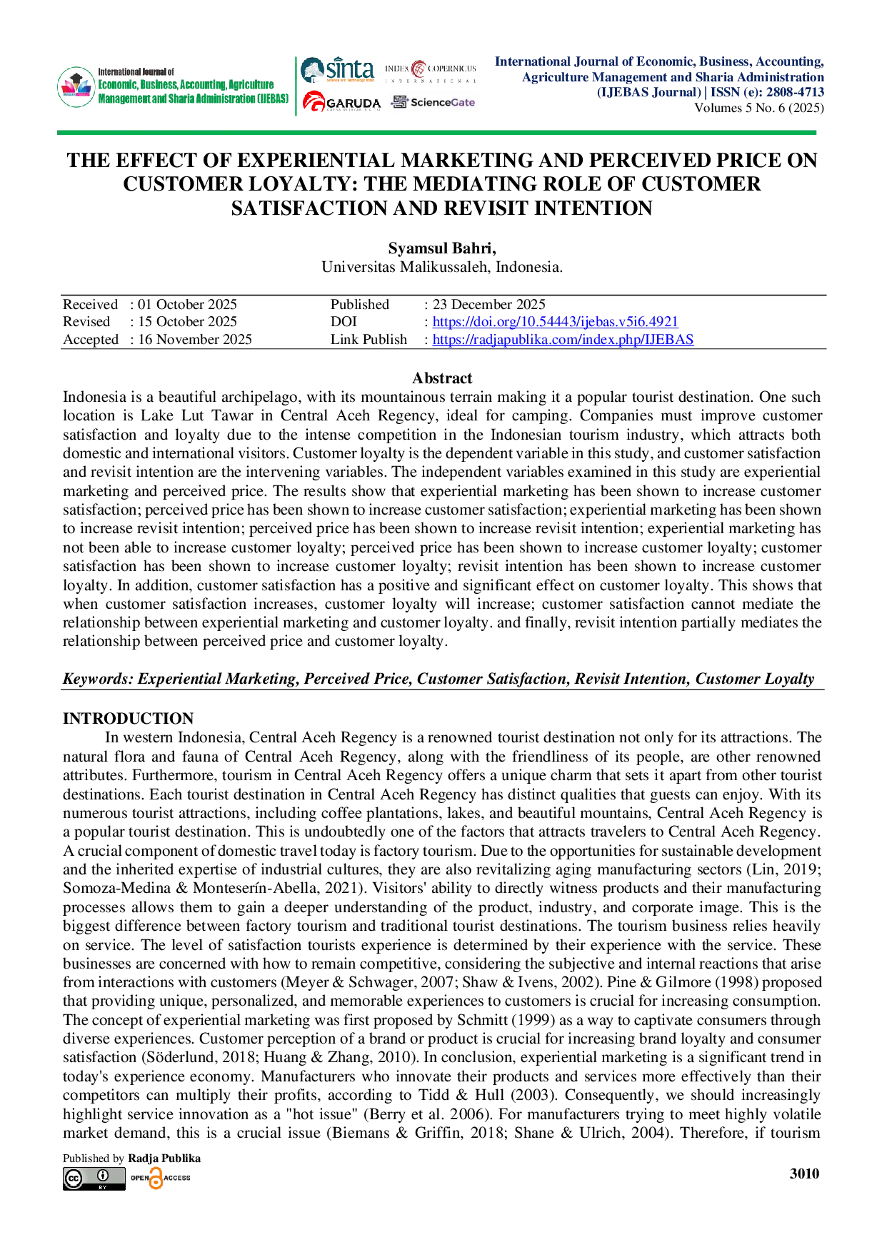 JURIS Pengaruh Pemasaran Berdasarkan Pengalaman dan Harga yang Dirasakan terhadap Loyalitas Pelanggan Peran Mediasi dari Kepuasan Pelanggan dan Niat Mengunjungi Kembali