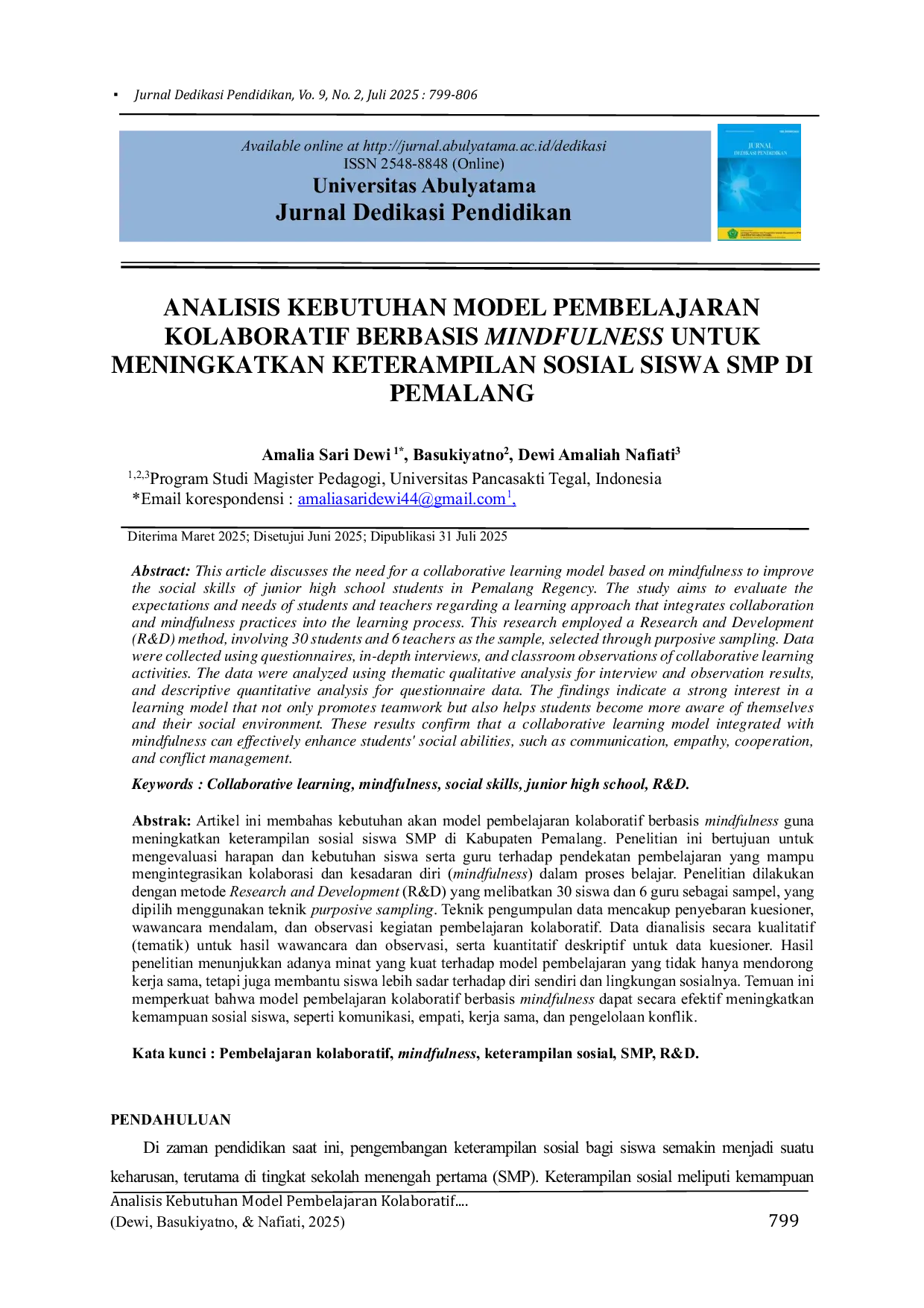 JURIS Analisis Kebutuhan Model Pembelajaran Kolaboratif Berbasis Mindfulness untuk Meningkatkan Keterampilan Sosial Siswa SMP di Pemalang