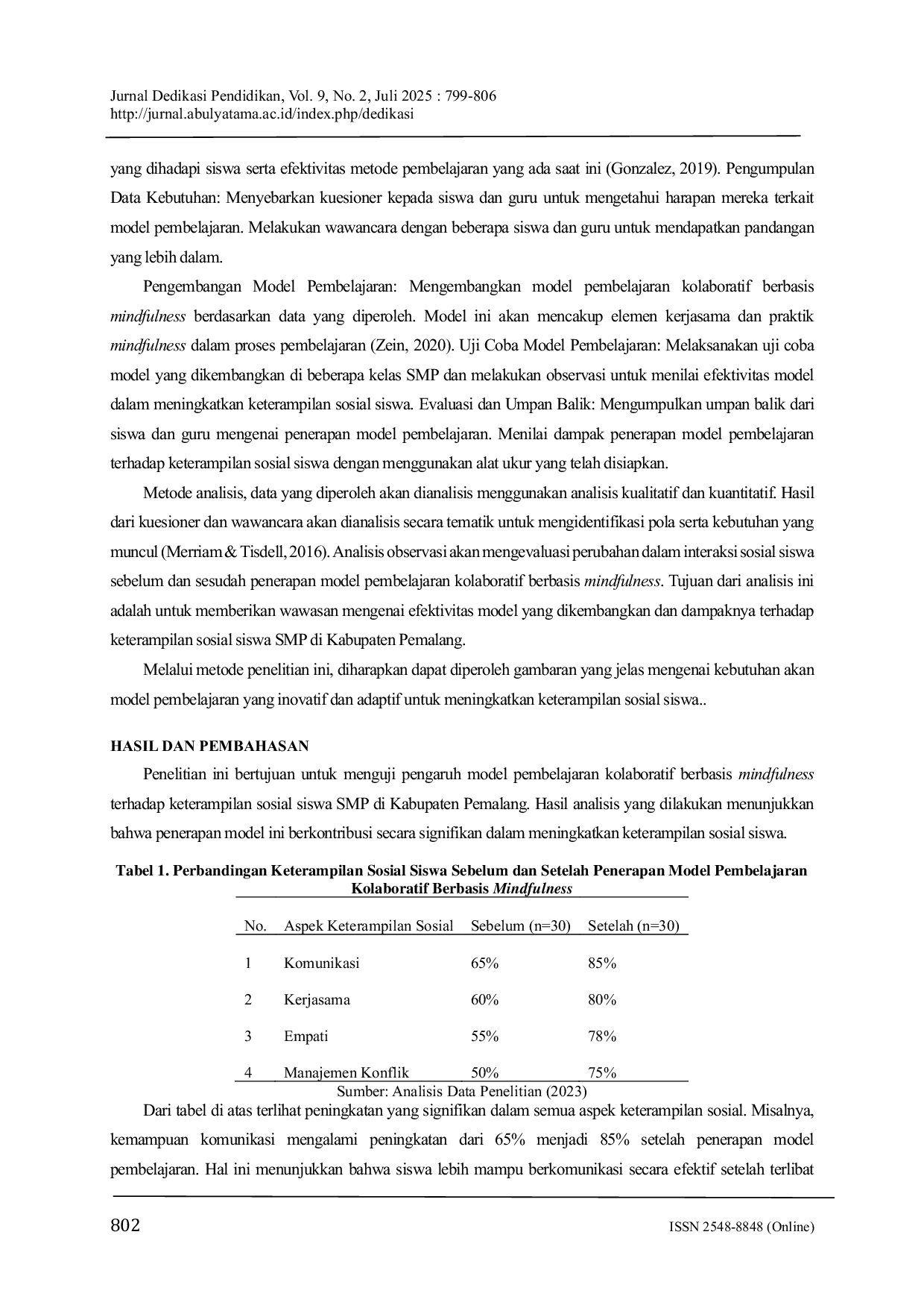 JURIS Analisis Kebutuhan Model Pembelajaran Kolaboratif Berbasis Mindfulness untuk Meningkatkan Keterampilan Sosial Siswa SMP di Pemalang