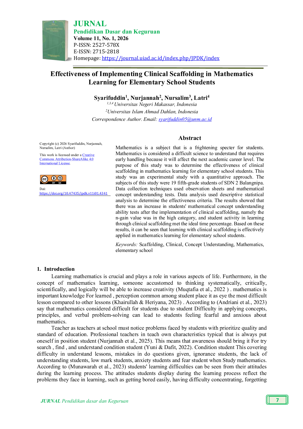JURIS Effectiveness of Implementing Clinical Scaffolding in Mathematics Learning for Elementary School Students
