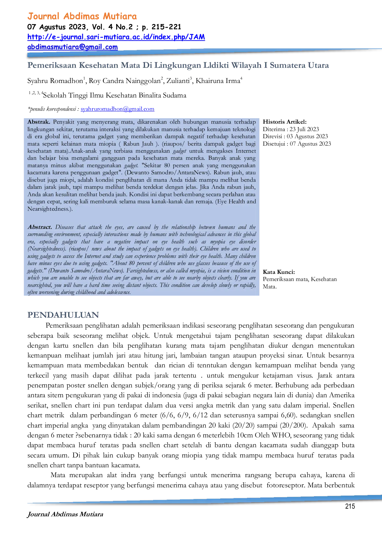 JURIS Pemeriksaan Kesehatan Mata Di Lingkungan Lldikti Wilayah I Sumatera Utara