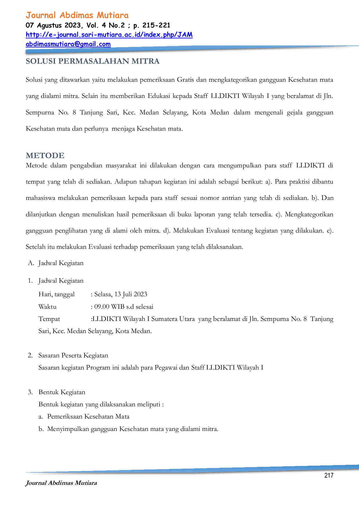 JURIS Pemeriksaan Kesehatan Mata Di Lingkungan Lldikti Wilayah I Sumatera Utara
