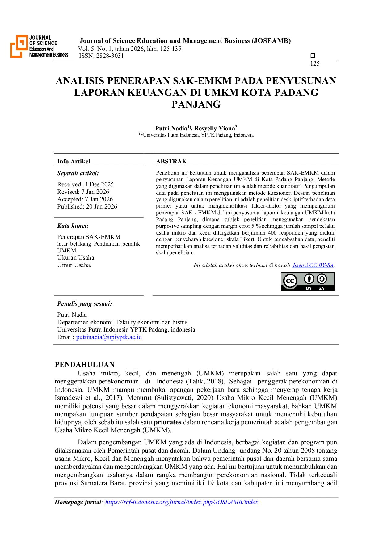 JURIS Analisis Penerapan SAK EMKM Pada Penyusunan Laporan Keuangan Di UMKM Kota Padang Panjang