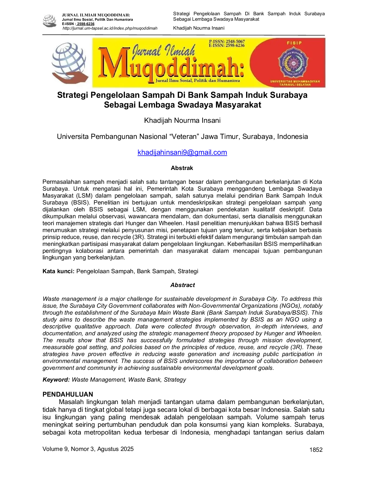 JURIS Strategi Pengelolaan Sampah Di Bank Sampah Induk Surabaya Sebagai Lembaga Swadaya Masyarakat