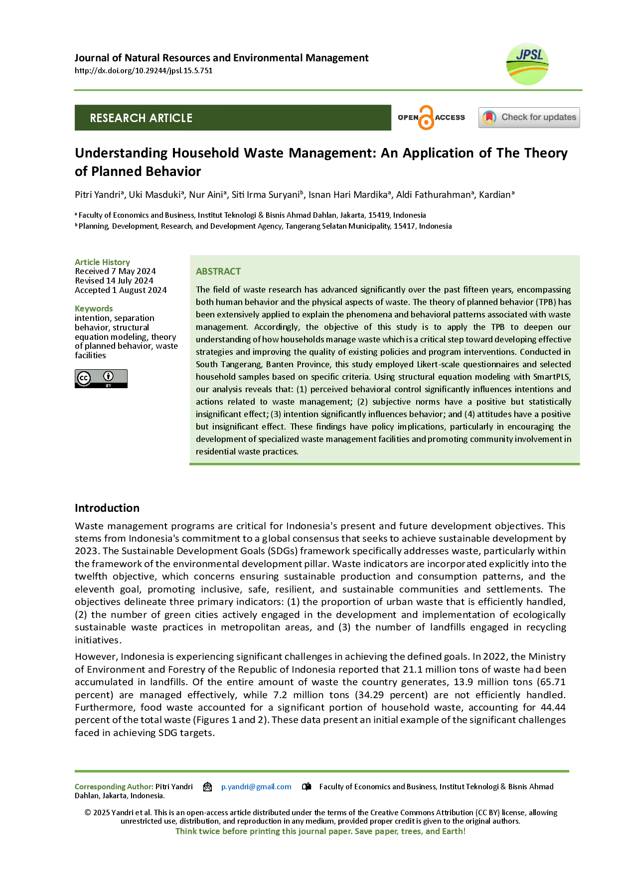 juris Understanding the Household Waste Management An Application of the Theory of Planned Behavior