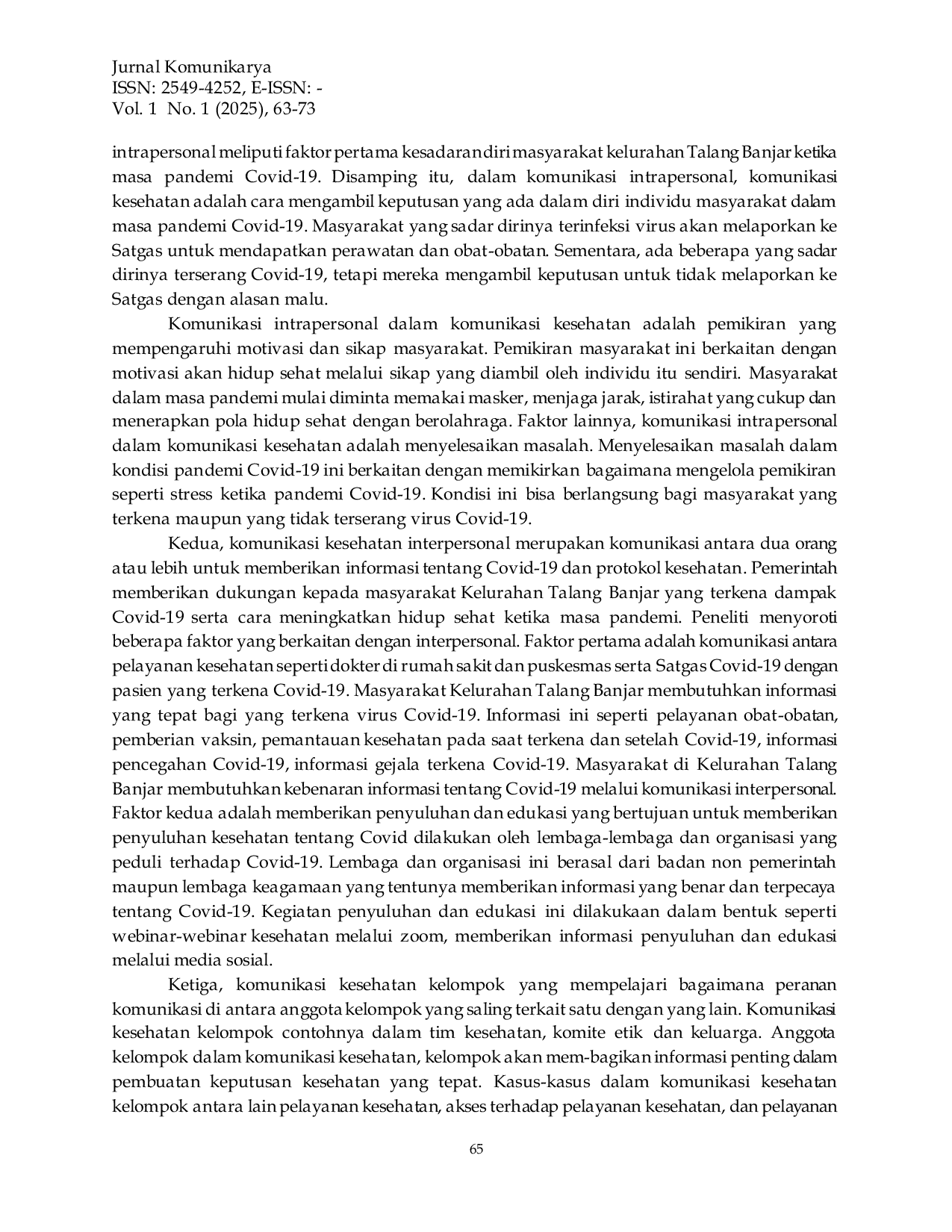 JURIS Komunikasi Kesehatan Di Masa Pandemi Studi Pada Masyarakat Kelurahan Banjar Kota Jambi