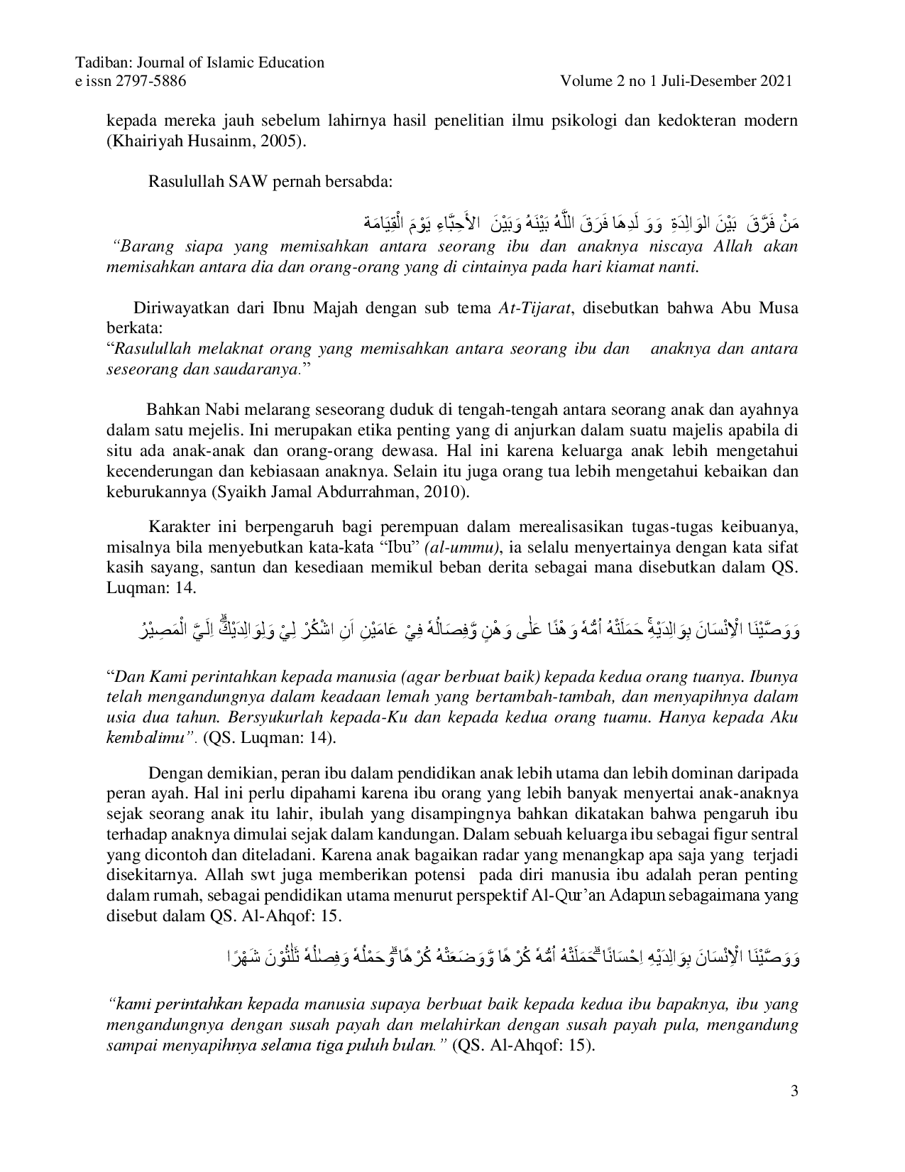 juris Peran Ibu Pada Pola Pendidikan Anak Dalam Keluarga Telaah Q S Al Baqarah 233 Luqman 14 Al Ahqof 15