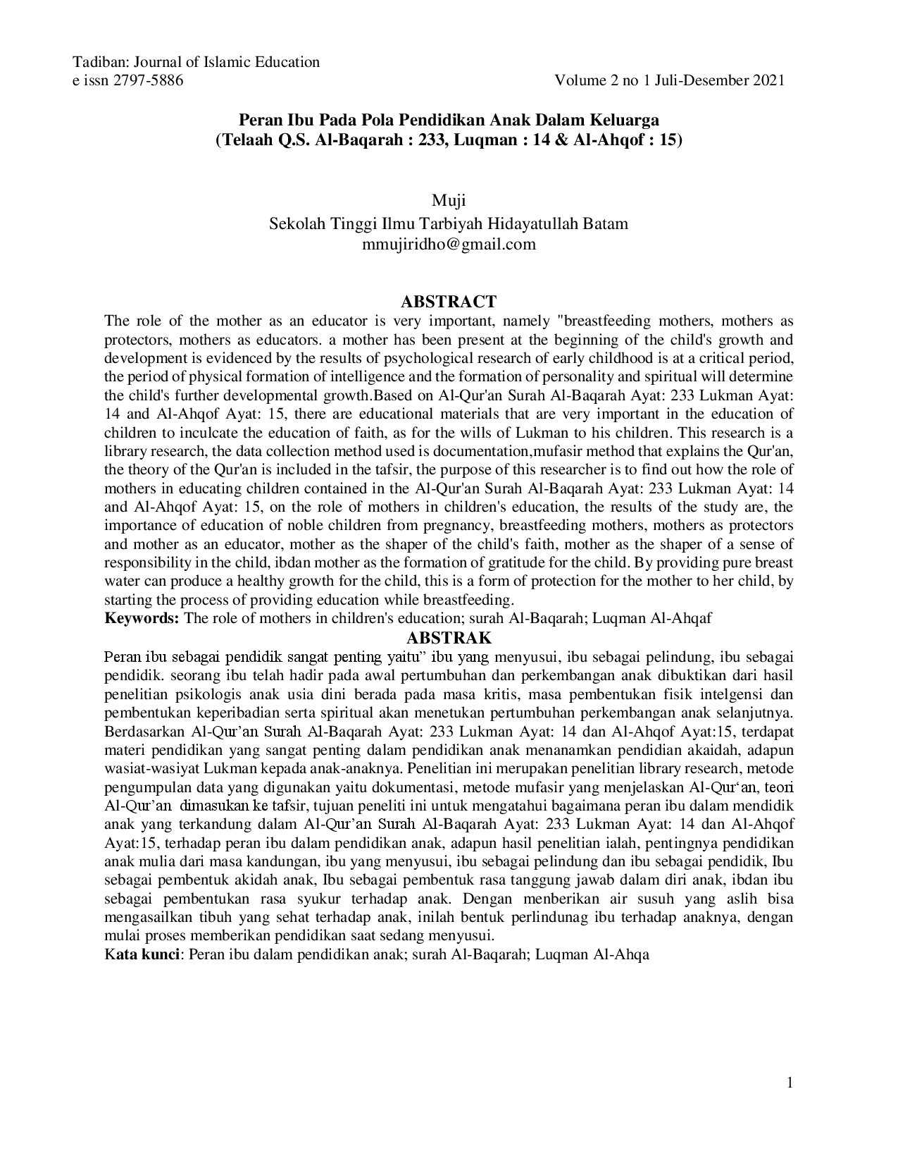 juris Peran Ibu Pada Pola Pendidikan Anak Dalam Keluarga Telaah Q S Al Baqarah 233 Luqman 14 Al Ahqof 15