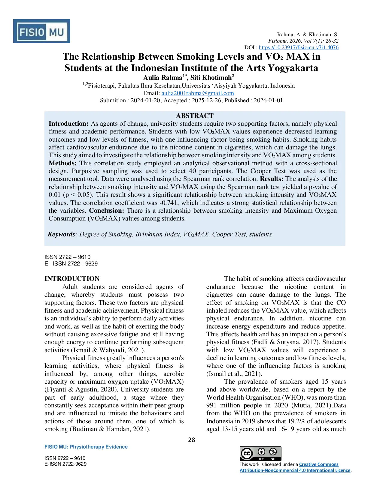 JURIS The Relationship between Smooking Intensity and VO2MAX Among Students At the Indonesian Institute Of The Arts Yogyakarta