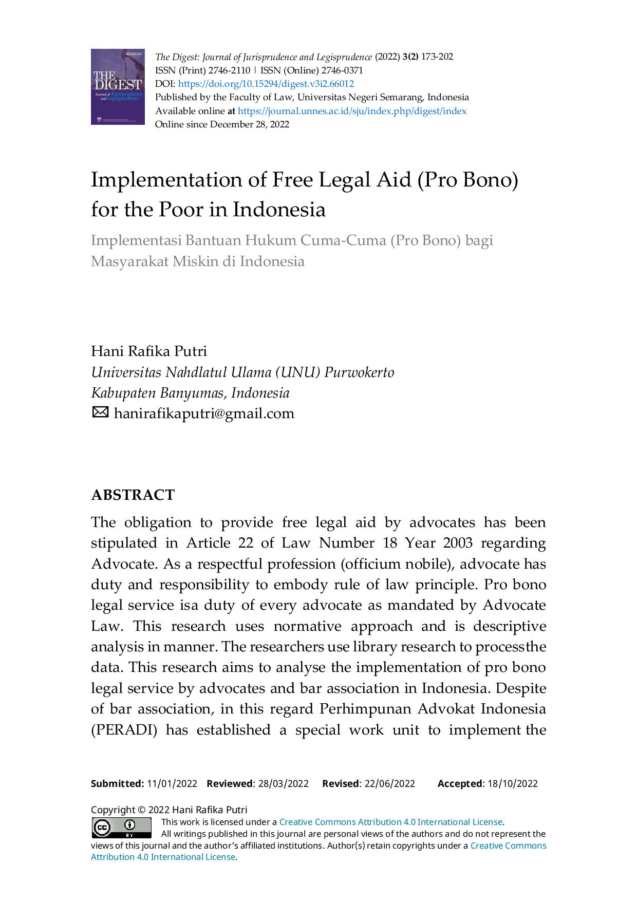 JURIS Implementation of Free Legal Aid Pro Bono for the Poor in Indonesia