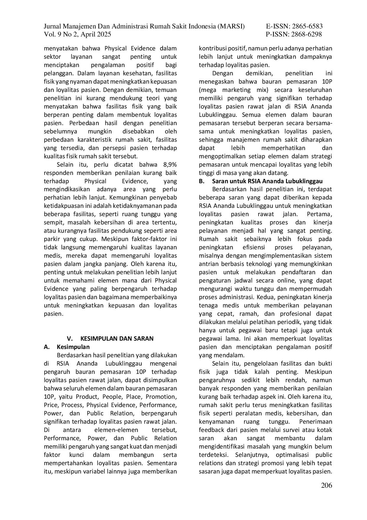 JURIS Pengaruh Bauran Pemasaran 10P Mega Marketing Mix Terhadap Loyalitas Pasien Rawat Jalan Di RSIA Ananda Lubuklinggau