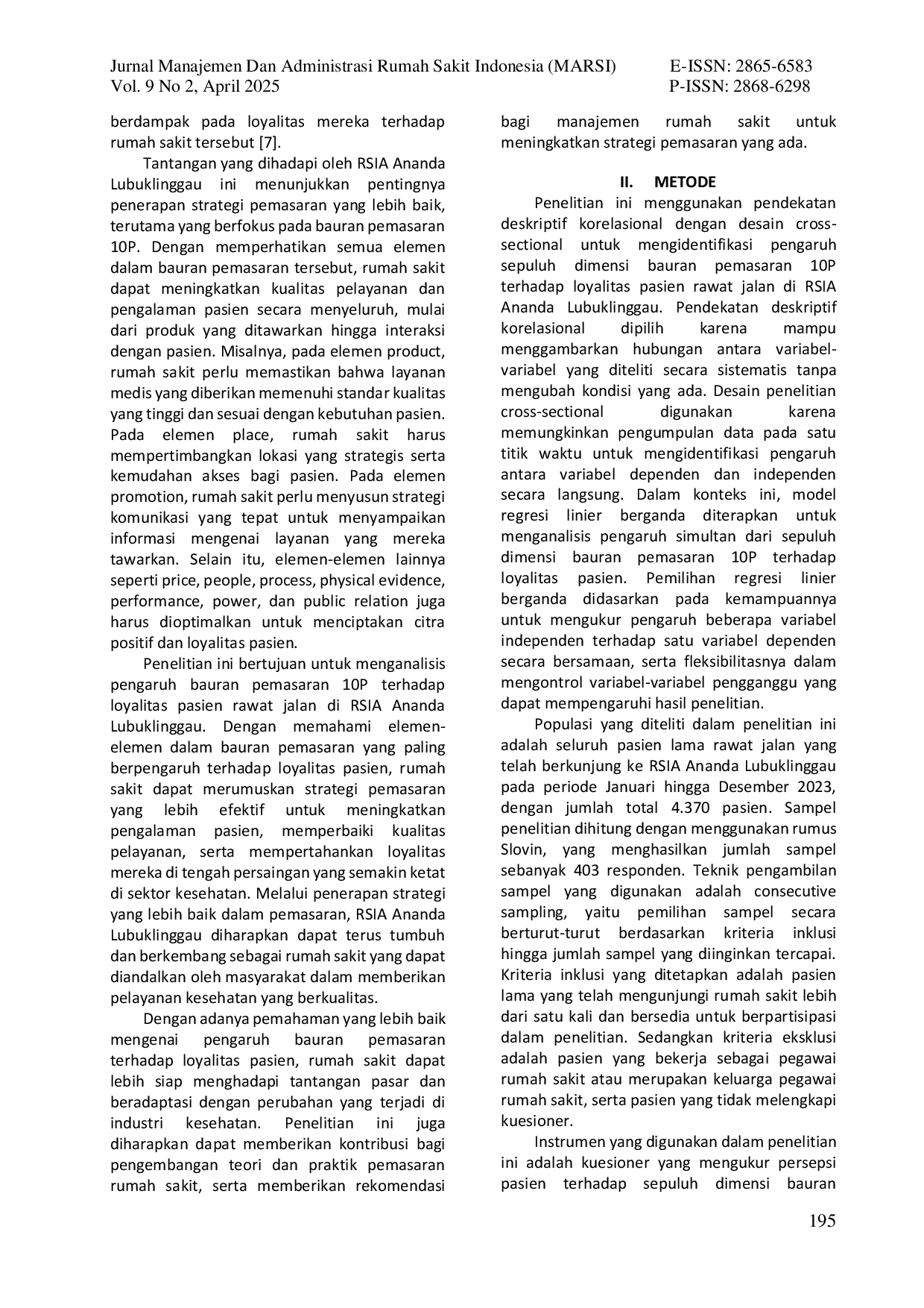 JURIS Pengaruh Bauran Pemasaran 10P Mega Marketing Mix Terhadap Loyalitas Pasien Rawat Jalan Di RSIA Ananda Lubuklinggau