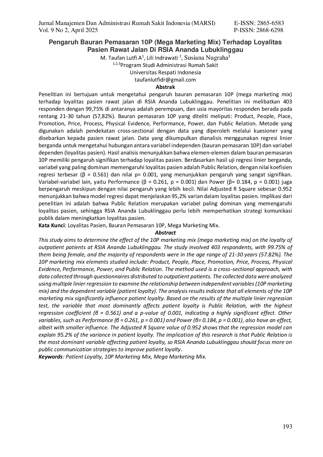 JURIS Pengaruh Bauran Pemasaran 10P Mega Marketing Mix Terhadap Loyalitas Pasien Rawat Jalan Di RSIA Ananda Lubuklinggau