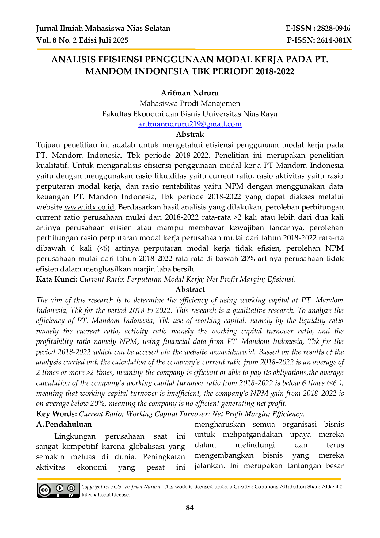 JURIS Analisis Efisiensi Penggunaan Modal Kerja Pada PT Mandom Indonesia Tbk Periode 2018 2022