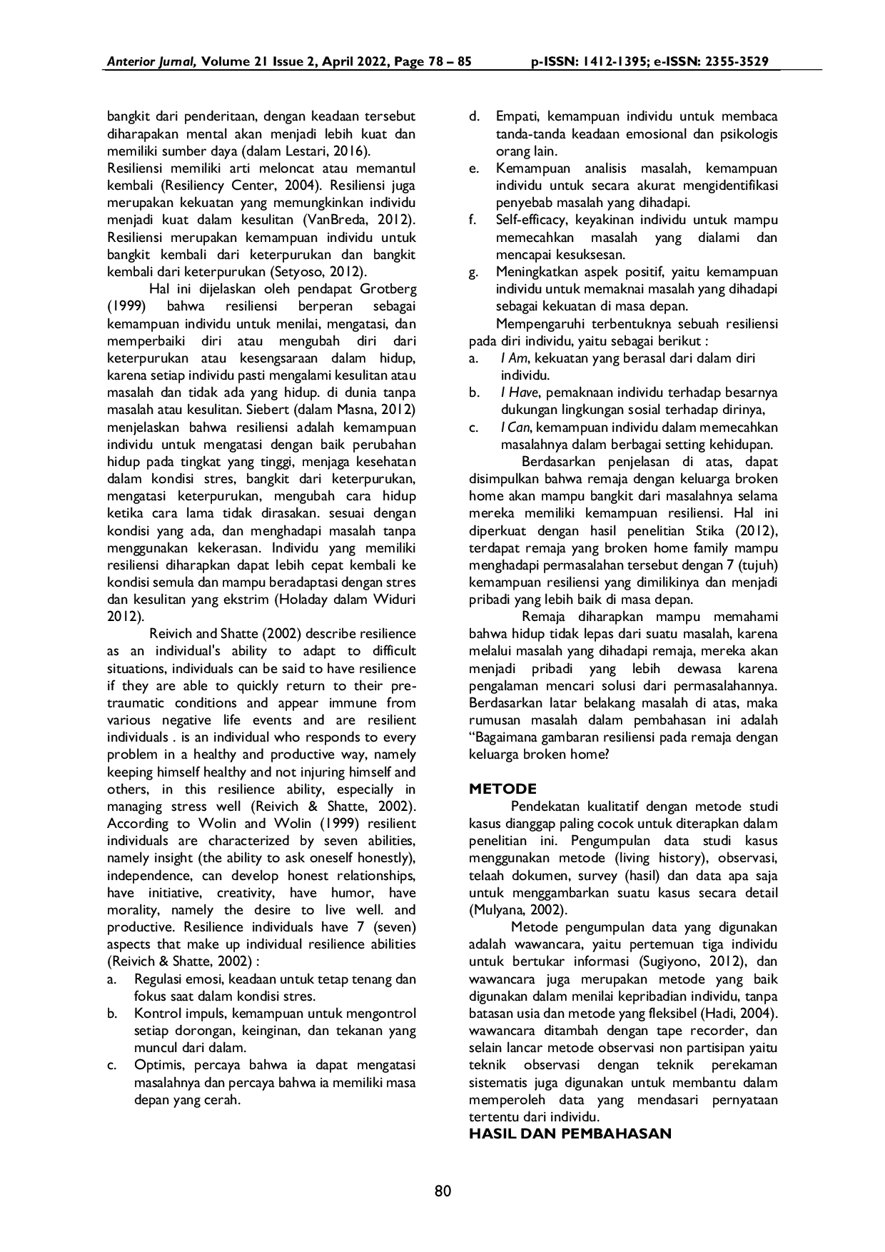 JURIS Dinamika Resiliensi Remaja Dengan Keluarga Broken Home Di Kelurahan Pendahara Kabupaten Katingan