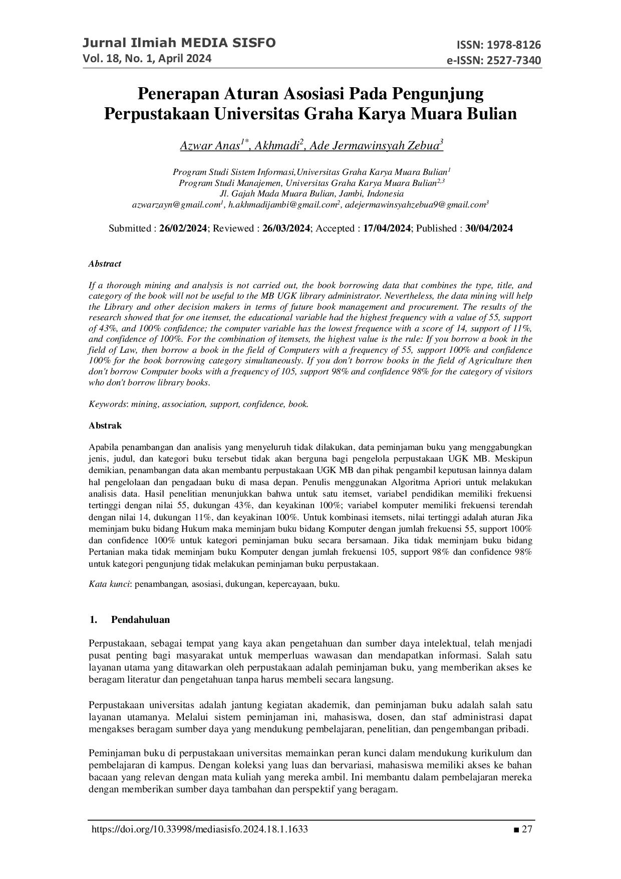 JURIS Penerapan Aturan Asosiasi Pada Pengunjung Perpustakaan Universitas Graha Karya Muara Bulian