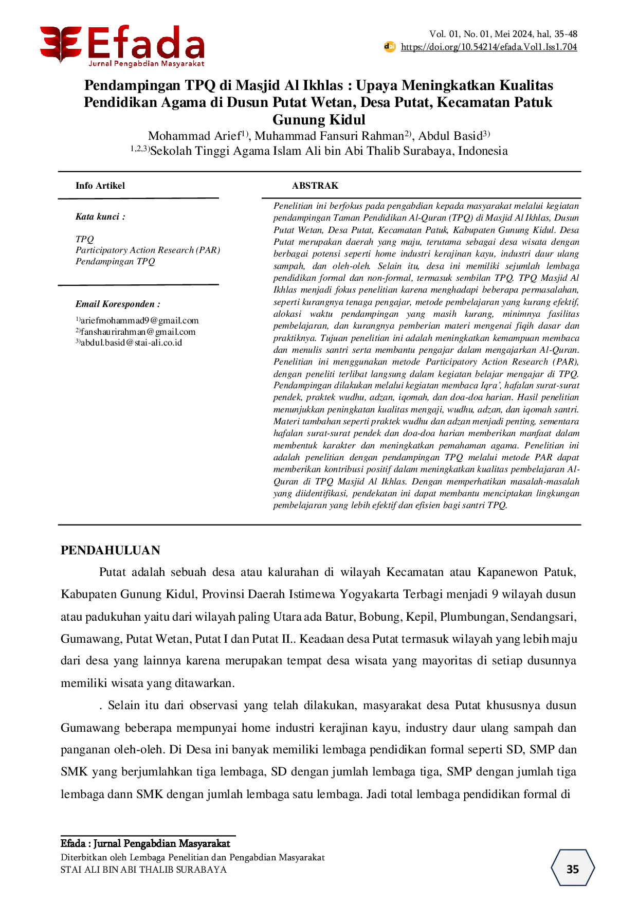 JURIS Pendampingan TPQ di Masjid Al Ikhlas Upaya Meningkatkan Kualitas Pendidikan Agama di Dusun Putat Wetan Desa Putat Kecamatan Patuk Gunung Kidul