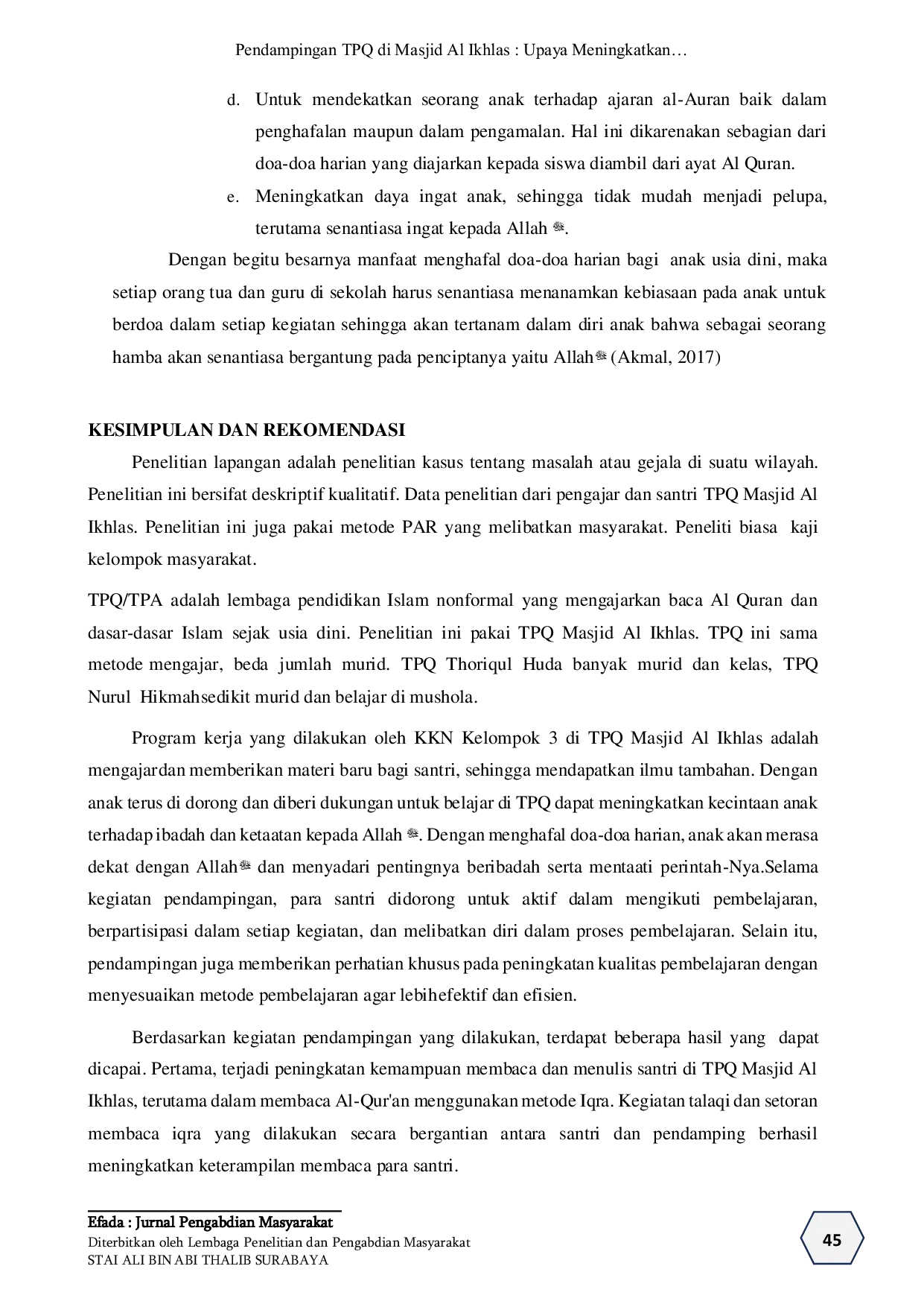 JURIS Pendampingan TPQ di Masjid Al Ikhlas Upaya Meningkatkan Kualitas Pendidikan Agama di Dusun Putat Wetan Desa Putat Kecamatan Patuk Gunung Kidul