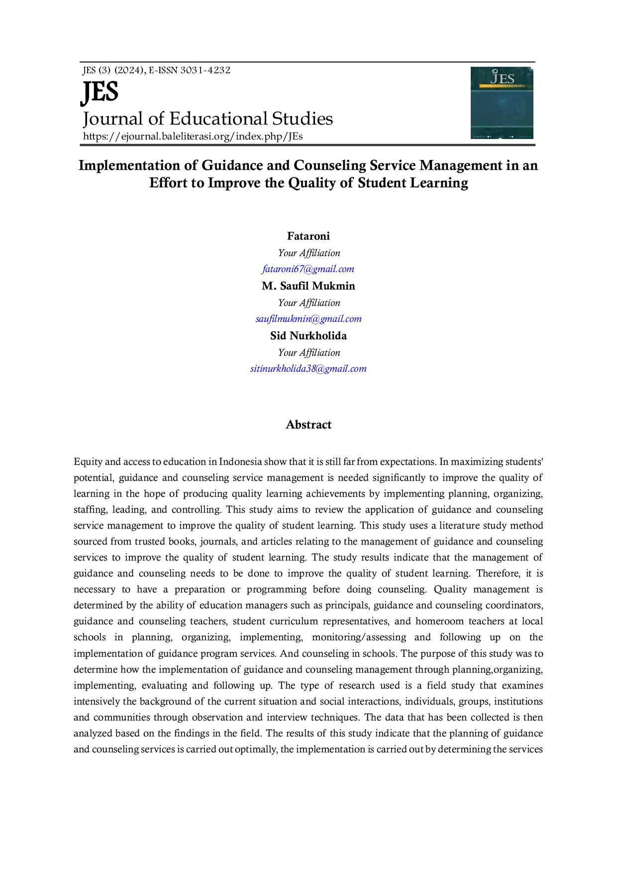 JURIS Implementation of Guidance and Counseling Service Management in An Effort to Improve the Quality of Student Learning