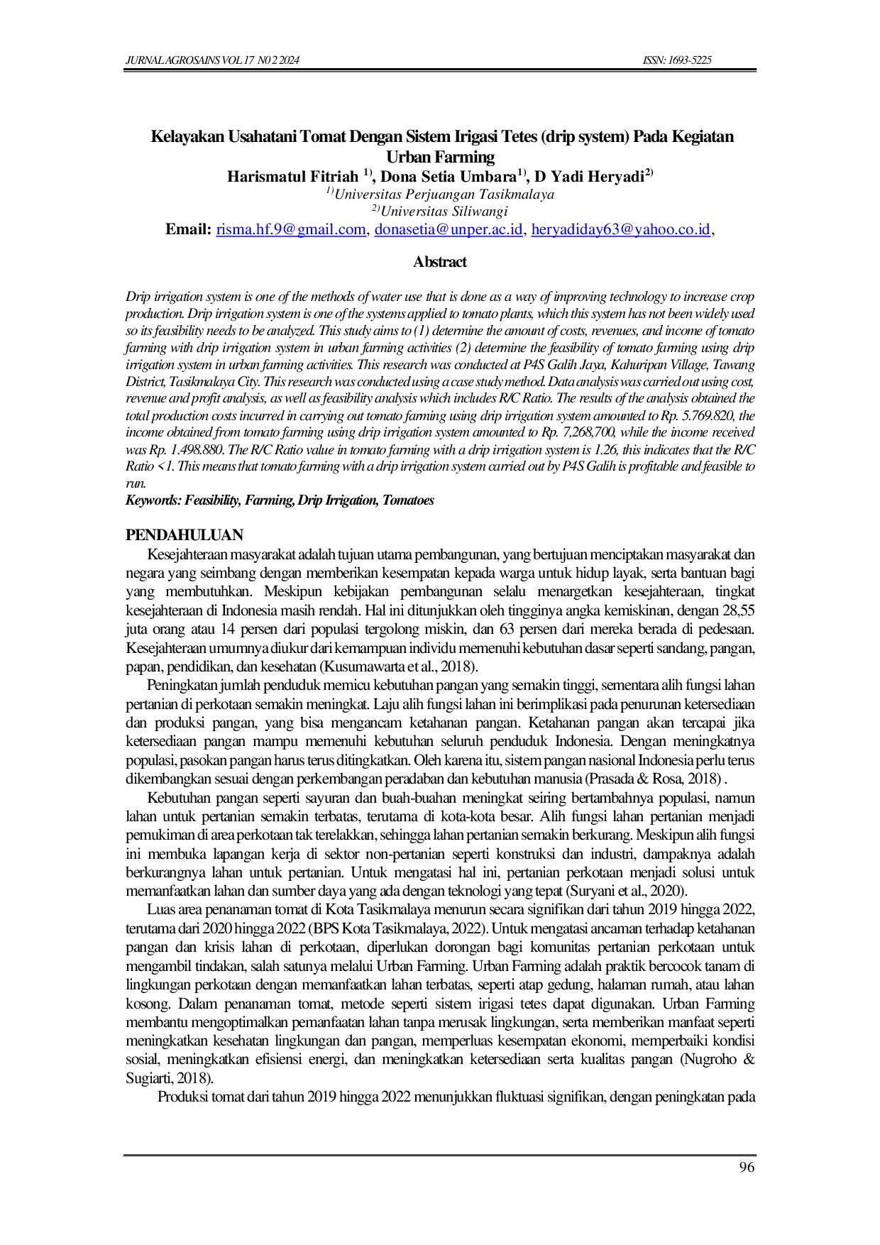 JURIS Kelayakan Usahatani Tomat Dengan Sistem Irigasi Tetes drip system Pada Kegiatan Urban Farming