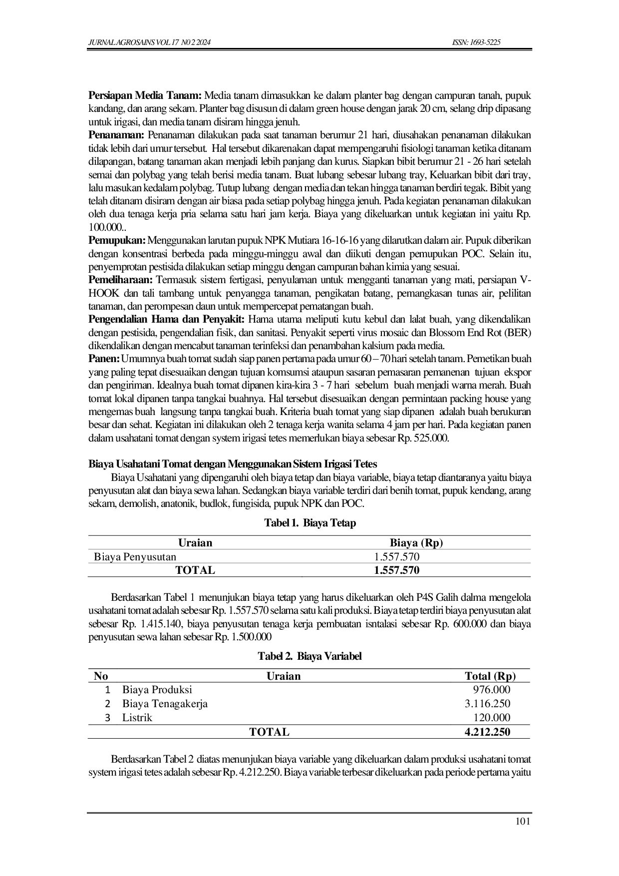 JURIS Kelayakan Usahatani Tomat Dengan Sistem Irigasi Tetes drip system Pada Kegiatan Urban Farming