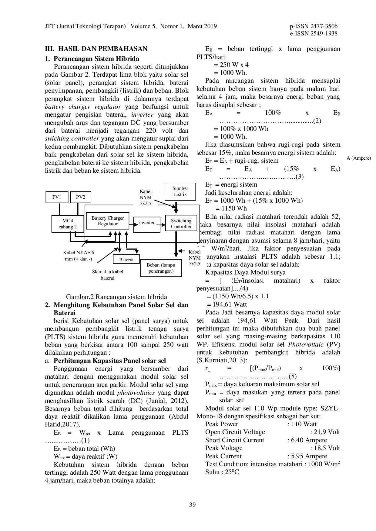 JURIS Desain Energi Hibrida Solar Panel dan Listrik untuk Penerangan Area Parkir