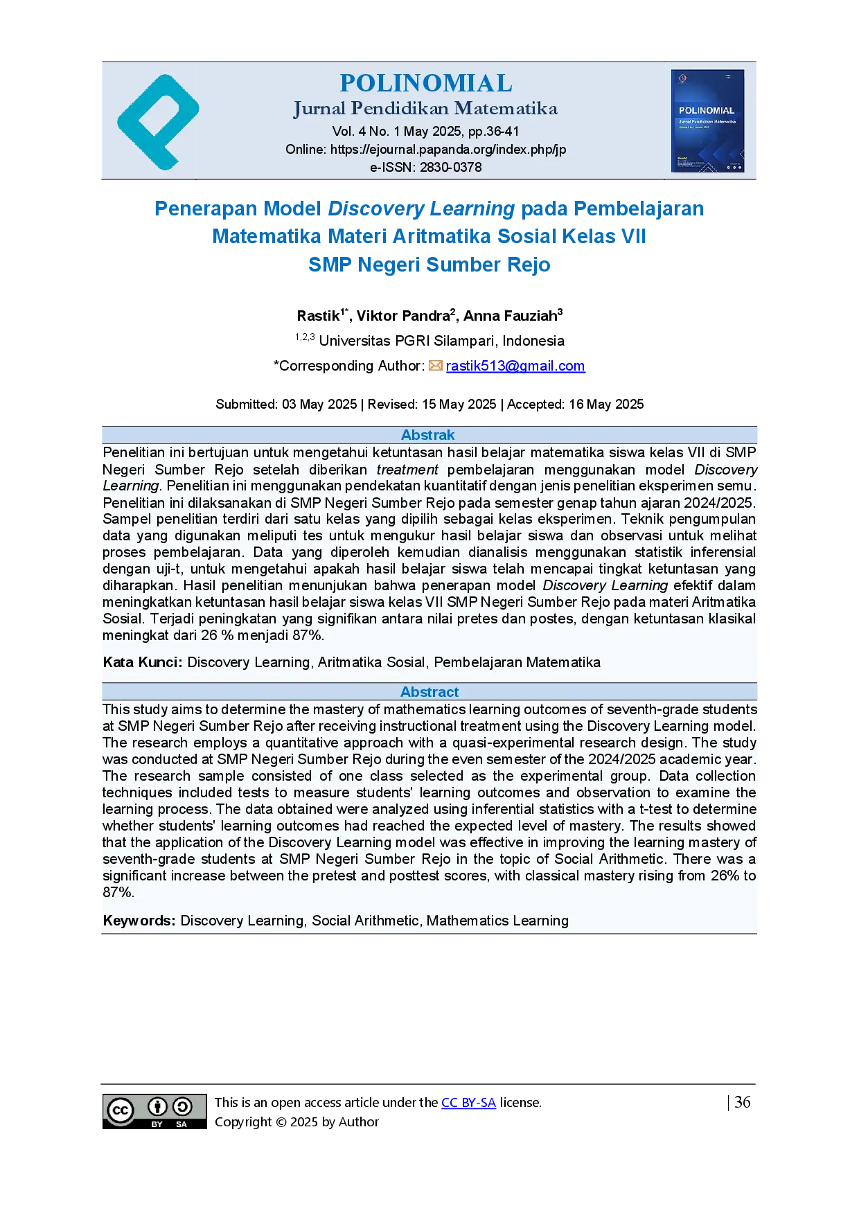 juris Penerapan Model Discovery Learning pada Pembelajaran Matematika Materi Aritmatika Sosial Kelas VII SMP Negeri Sumber Rejo