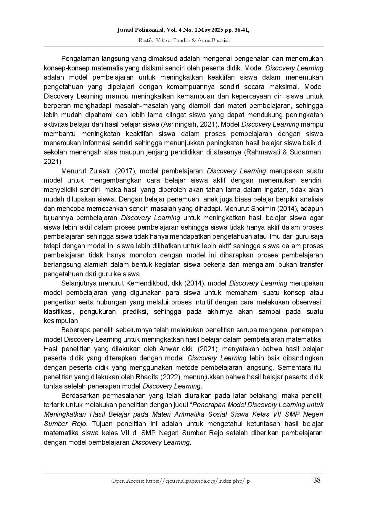 juris Penerapan Model Discovery Learning pada Pembelajaran Matematika Materi Aritmatika Sosial Kelas VII SMP Negeri Sumber Rejo