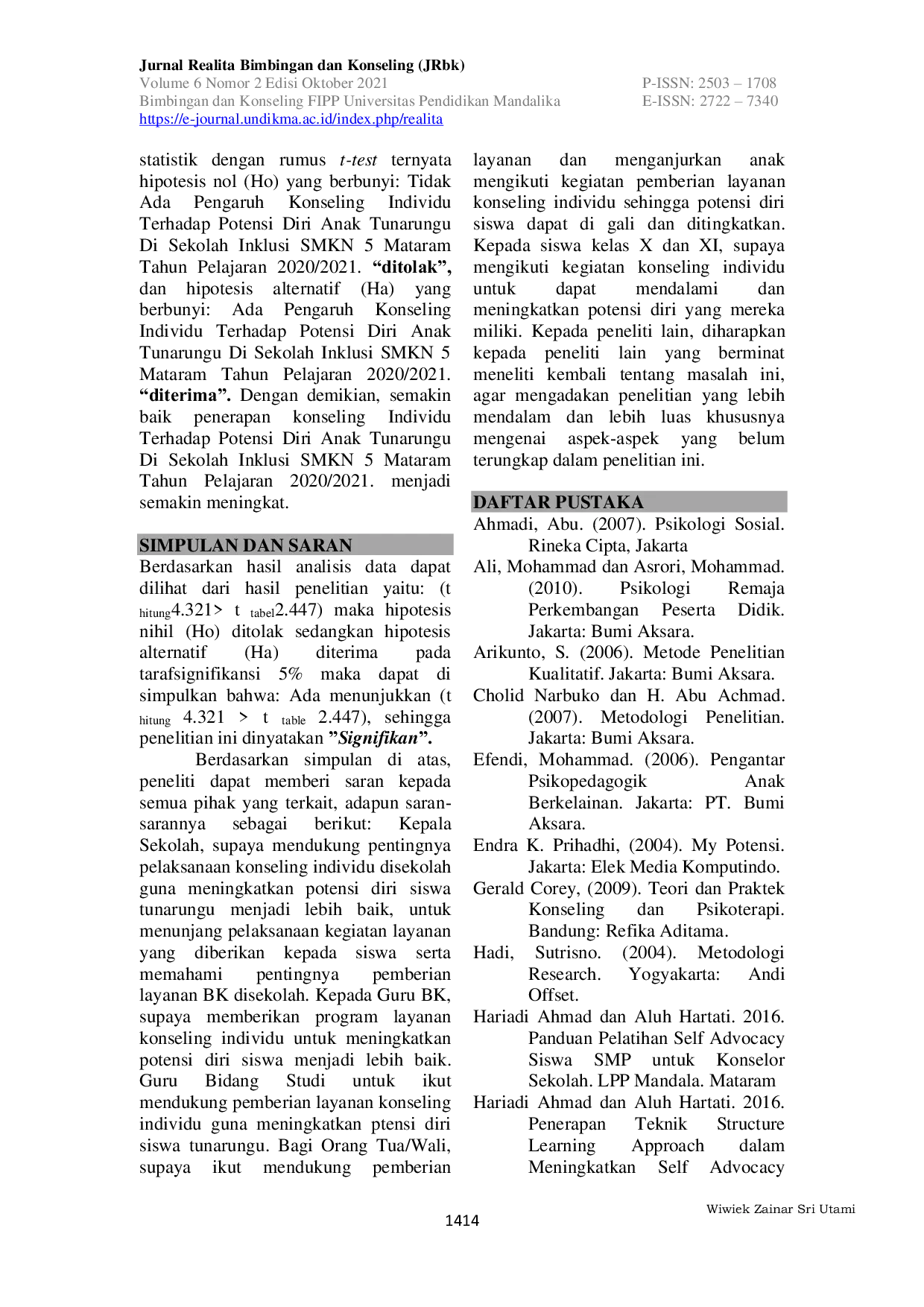 JURIS Pengaruh Konseling Individu Terhadap Potensi Diri Anak Tunarungu di Sekolah Inklusi