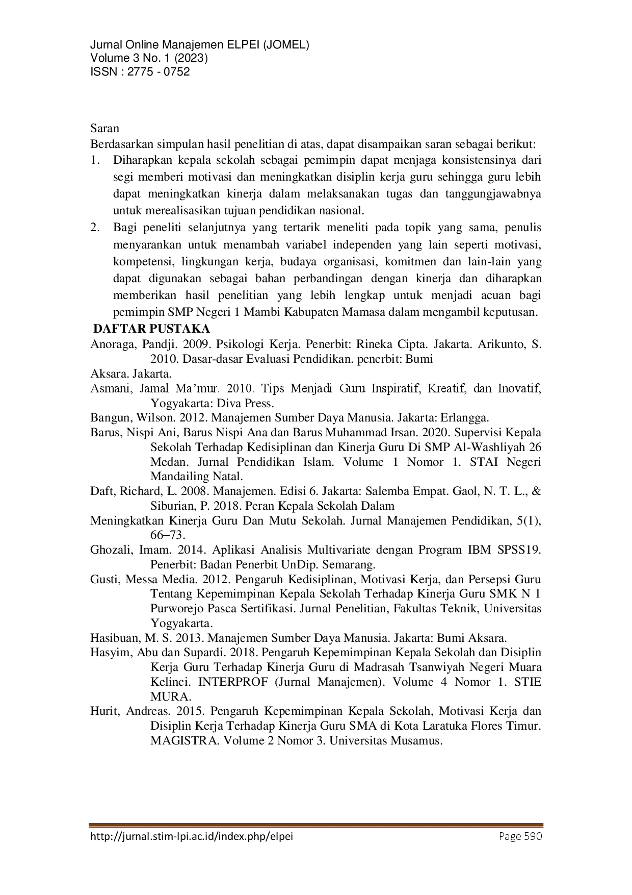 juris Pengaruh Kepemimpinan Kepala Sekolah Terhadap Kedisplinan dan Kinerja Guru di SMPN 1 Mambi Kabupaten Mamasa