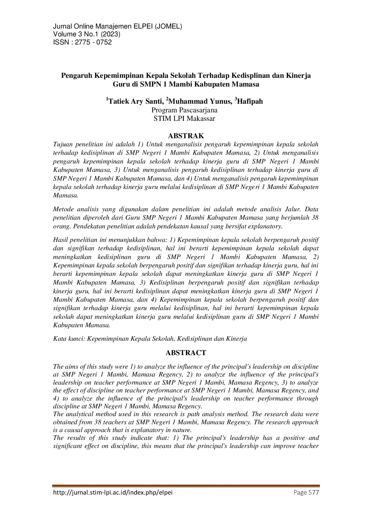 juris Pengaruh Kepemimpinan Kepala Sekolah Terhadap Kedisplinan dan Kinerja Guru di SMPN 1 Mambi Kabupaten Mamasa
