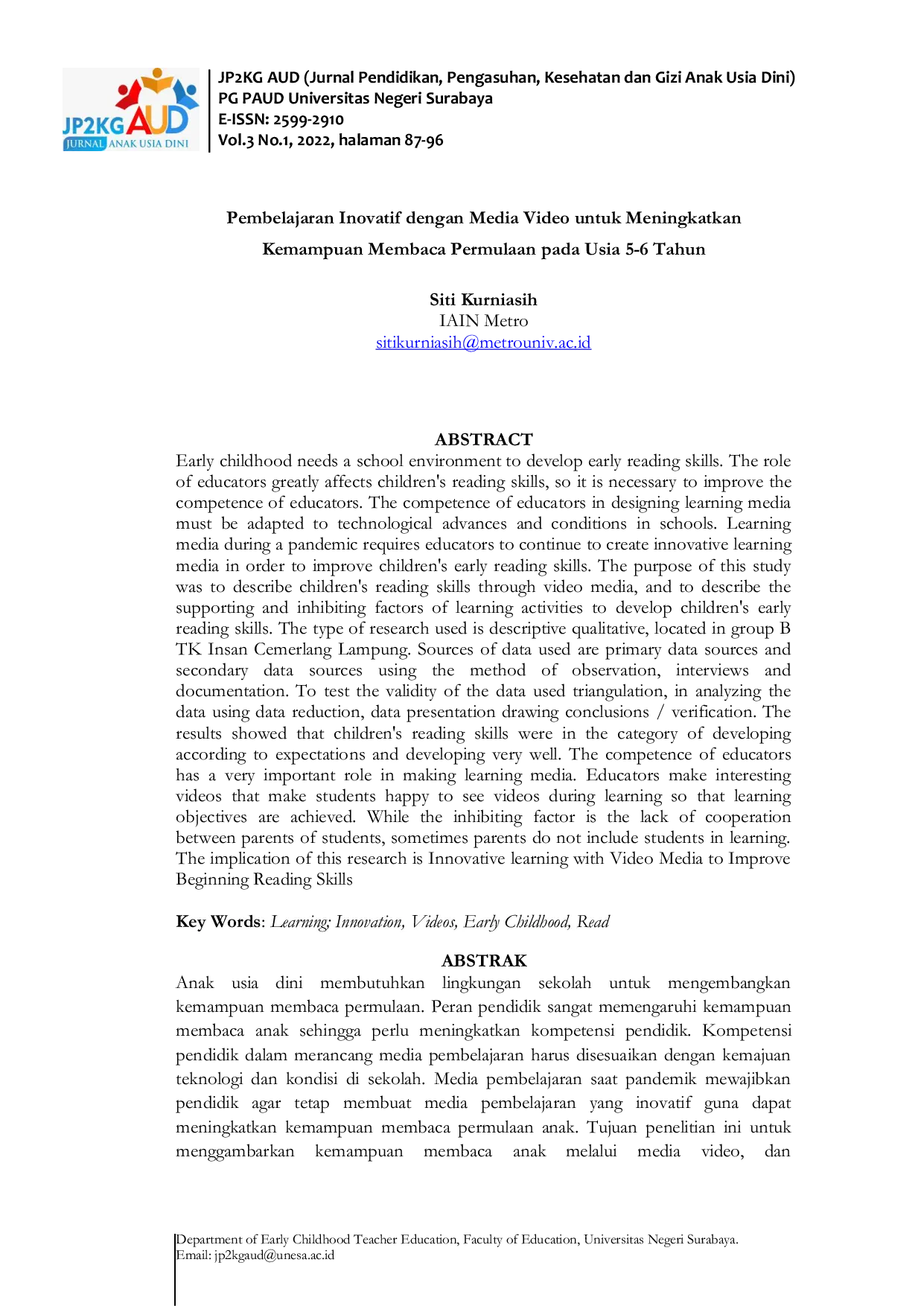 JURIS Pembelajaran Inovatif dengan Media Video untuk Meningkatkan Kemampuan Membaca Permulaan pada Usia 5 6 Tahun