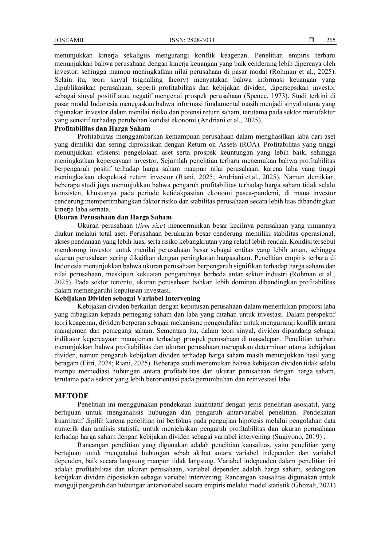 JURIS Peran Kebijakan Dividen dalam Hubungan Profitabilitas Ukuran Perusahaan dan Harga Saham