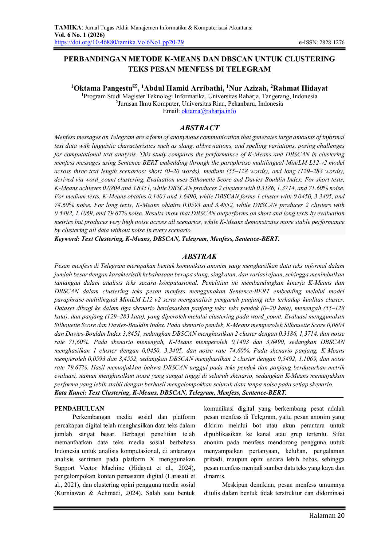 JURIS Perbandingan Metode K Means dan DBSCAN Untuk Clustering Teks Pesan Menfess Di Telegram