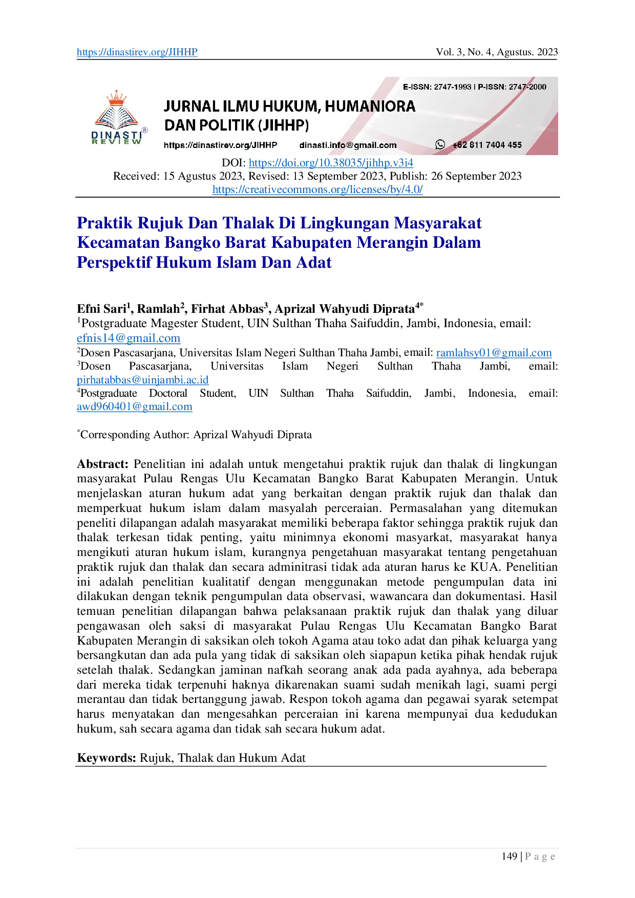 JURIS Praktik Rujuk Dan Thalak Di Lingkungan Masyarakat Kecamatan Bangko Barat Kabupaten Merangin Dalam Perspektif Hukum Islam Dan Adat