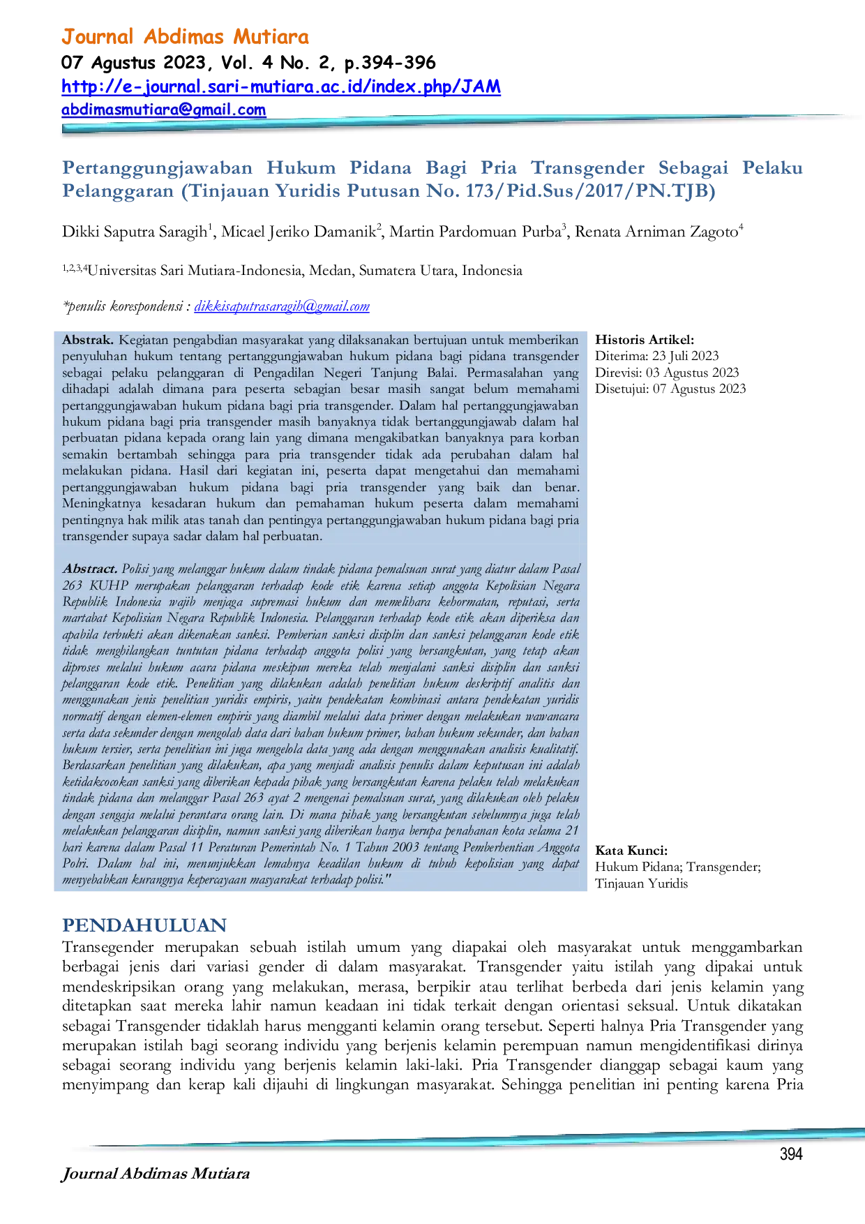 JURIS Pertanggungjawaban Hukum Pidana Bagi Pria Transgender Sebagai Pelaku Pelanggaran Tinjauan Yuridis Putusan No 173 Pid Sus 2017 PN TJB
